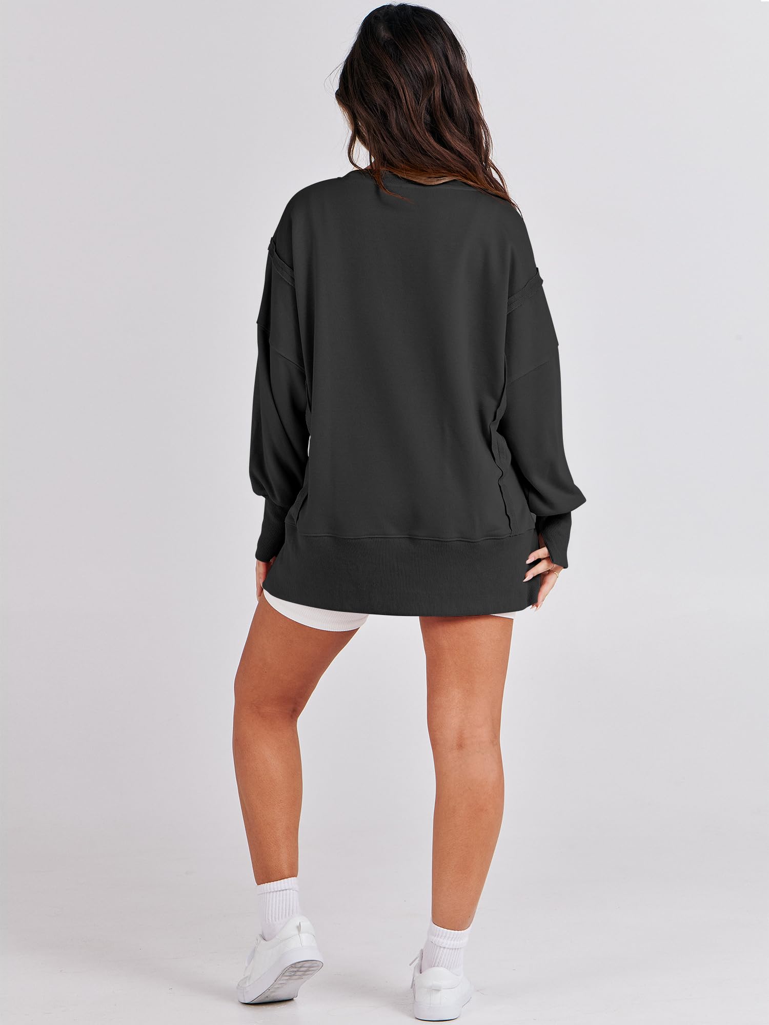 ANRABESS Women's Oversized Sweatshirt - Soft Crewneck Long Sleeve Pullover - Casual Loose Fit with Side Slits - Cozy Fall Winter Fashion 2025 - Perfect for Lounge, Travel & Streetwear Outfits