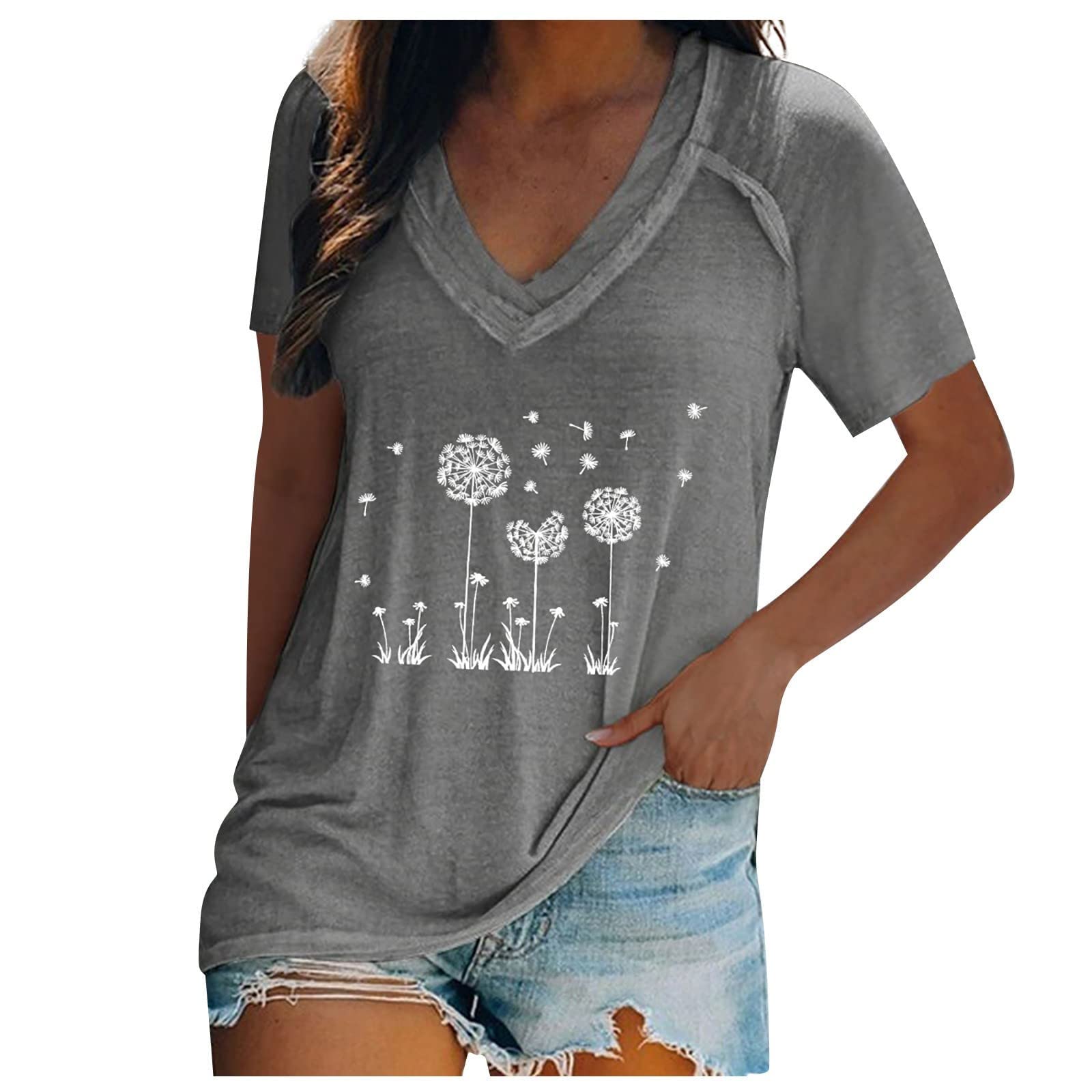 Women's Summer Casual Graphic Print Tunic Top - Short Sleeve V-Neck Loose Fit Blouse Tee Shirt | Perfect for Outings, Beach Wear & Everyday Fashion