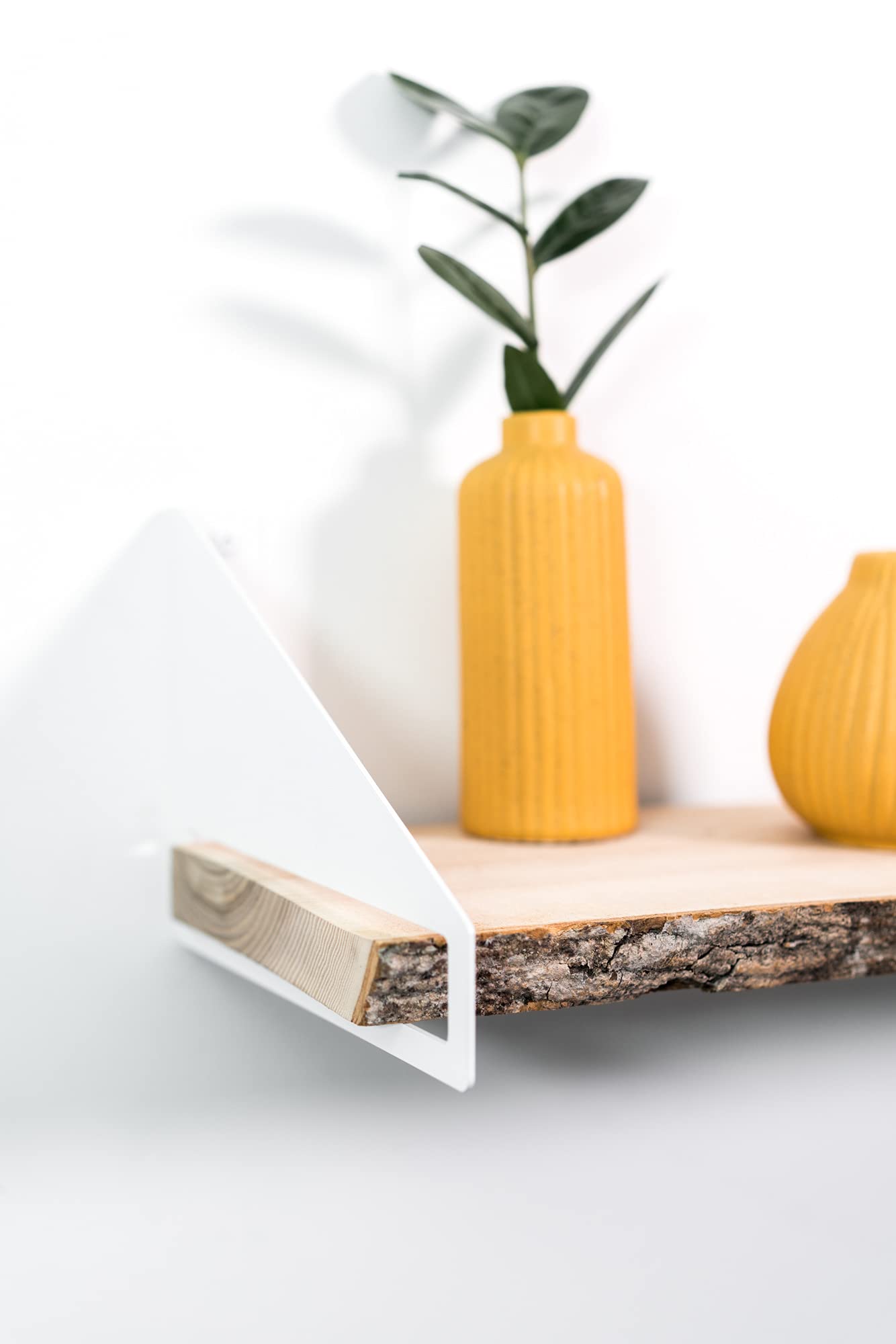 EWART WOODS Geometric Floating Shelves Set of 2 - Modern Handmade Wall Mounted Shelves in White & Natural Wood - Brass Hardware - Perfect for Living Room, Bedroom, or Office Decor