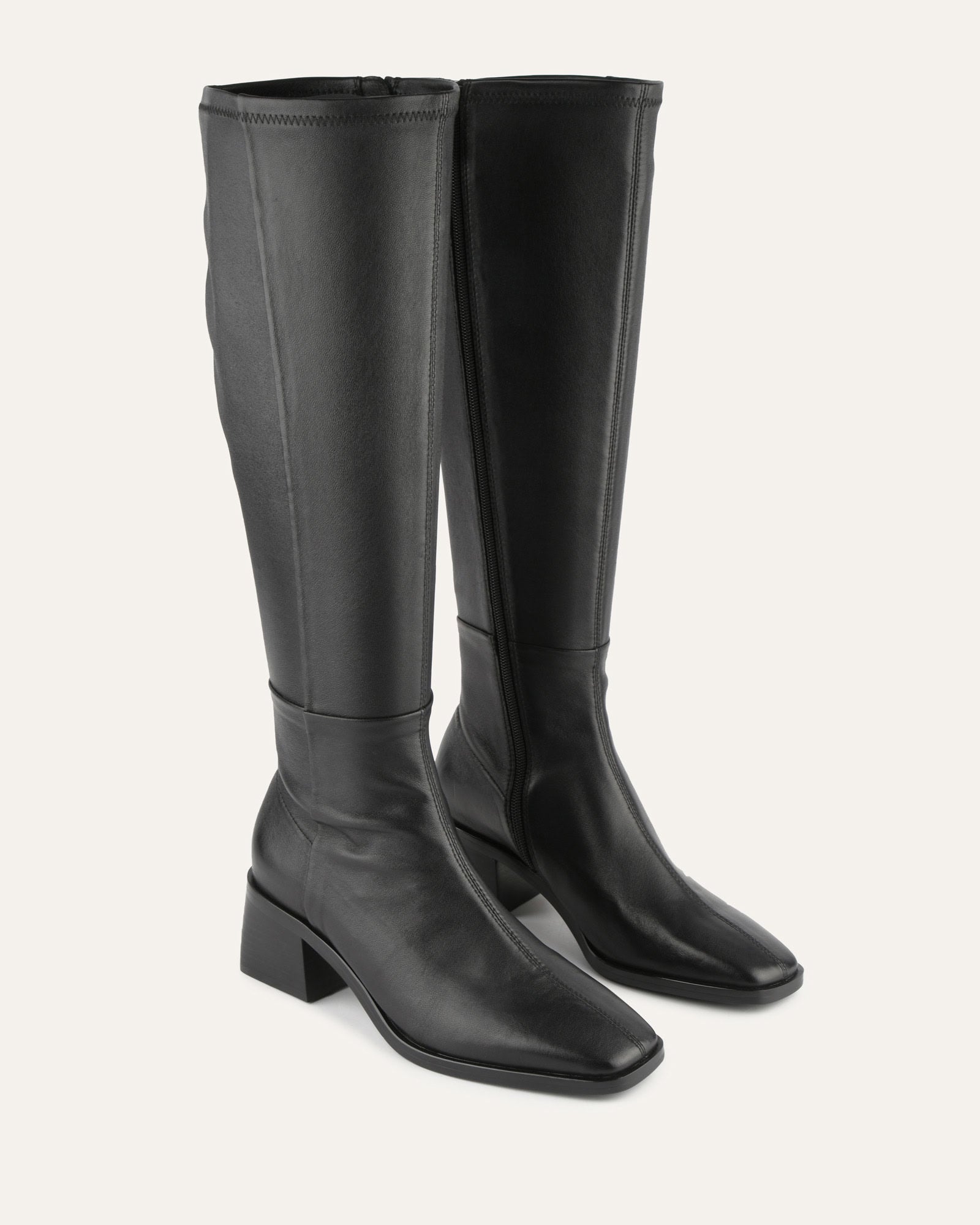 QUEENIE Black Leather Knee High Boots for Women - Stylish & Comfortable Winter Boots for Casual Outfits, Office Wear & Night Out