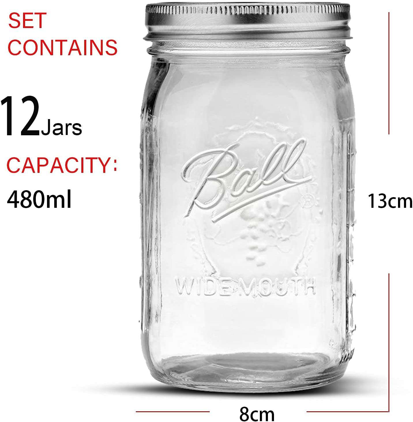 12-Piece 480ml Mason Jars Set - Airtight Glass Canning Jars with Lids & Labels for Spices, Pickling, Jam Storage - Perfect for Home Canning, DIY Gifts & Pantry Organization
