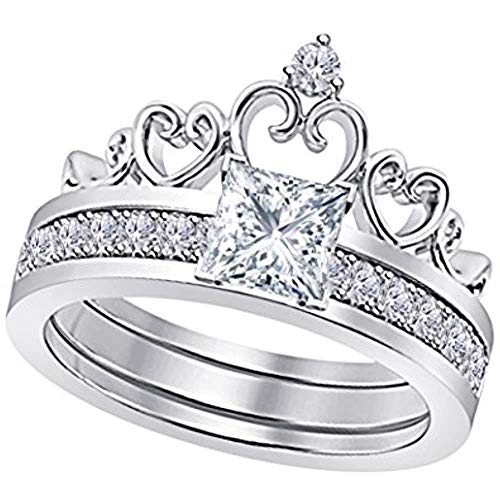 Baalaji Jewellers 925 Sterling Silver 14K White Gold Princess & Round Cut White Diamond Interchangeable Crown Ring Set for Women - Perfect for Engagement, Wedding & Special Occasions