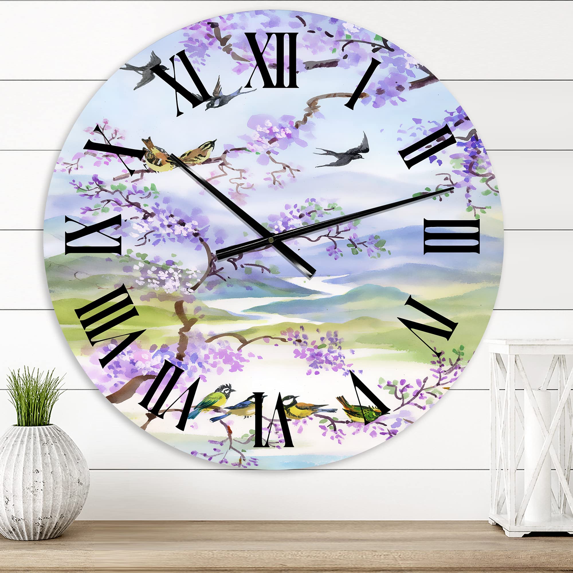 DesignQ Traditional Wall Clock 'Birds On Cherry Branch' - Large Decorative Clock for Kitchen, Living Room, Bedroom & Office - Silent Non-Ticking Home Decor with Nature Theme
