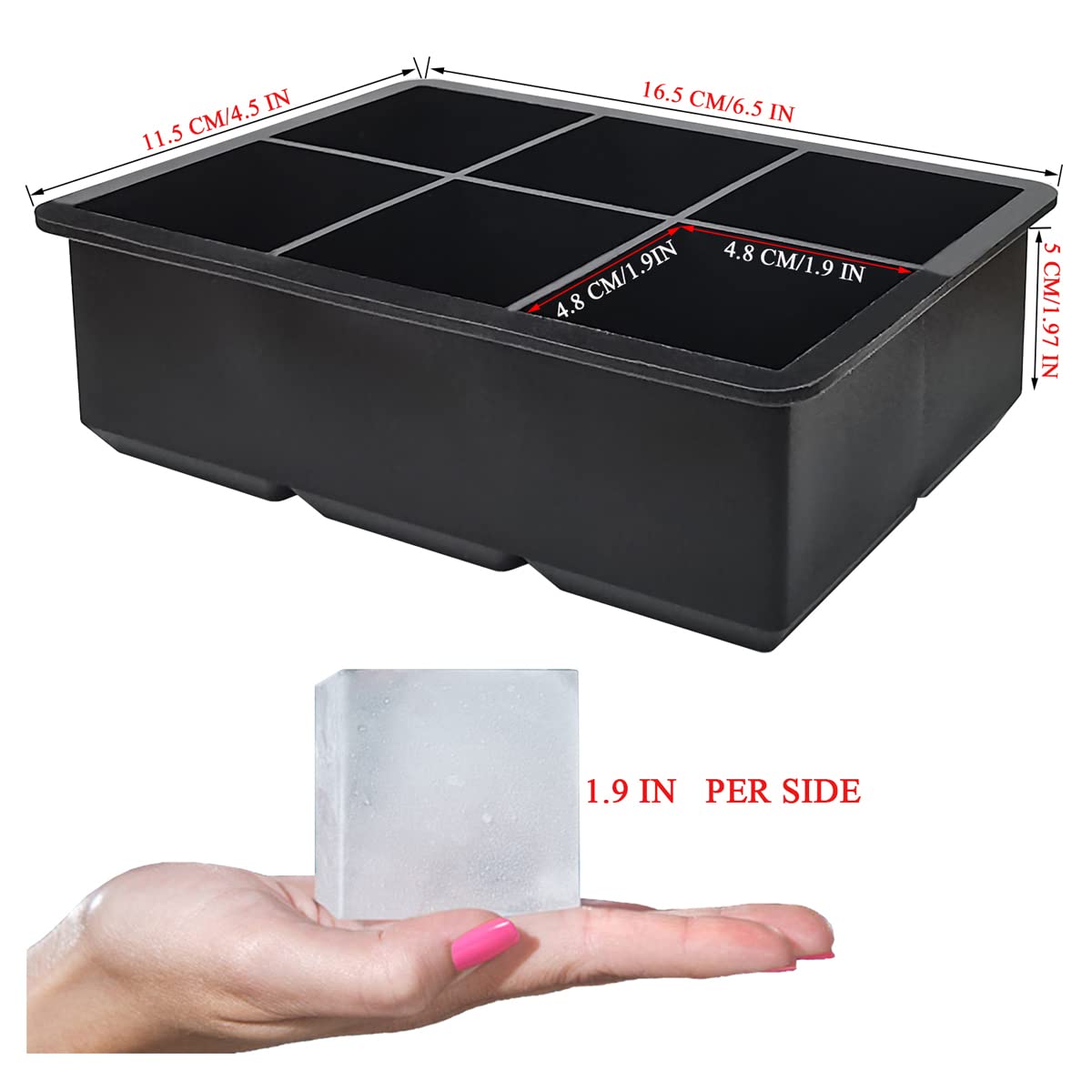 2 Pack Silicone Ice Cube Trays - Easy Release, Flexible 6-Cube Molds, Stackable Freezer Trays for Large 4.8