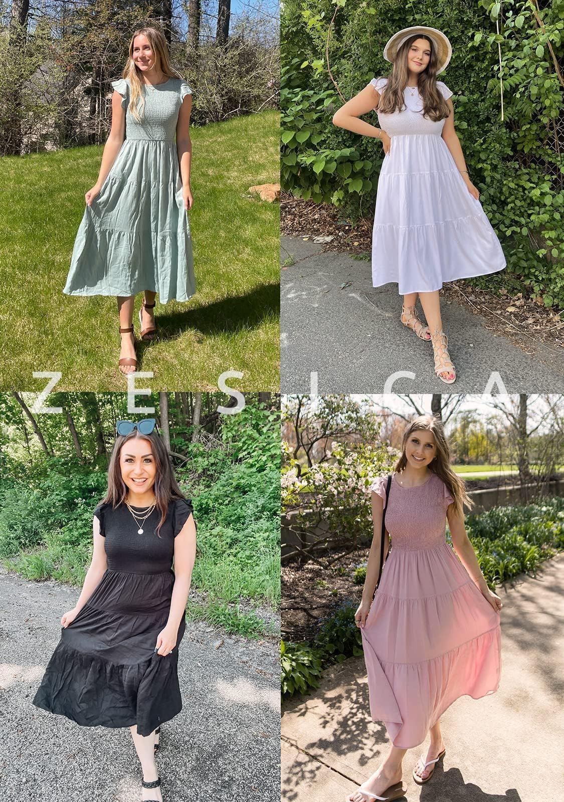ZESICA Women's Summer Flutter Short Sleeve Smocked Waist Tiered Midi Dress - Casual Crew Neck Elastic Waist Flowy Dress for Beach, Vacation, and Daily Wear