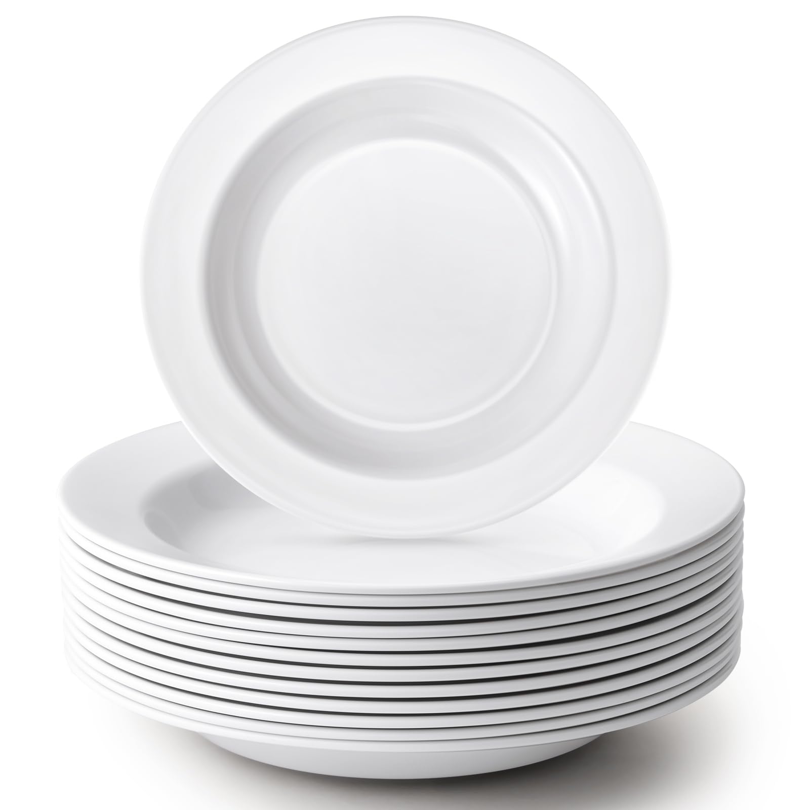12-Piece 14 oz Pasta Bowls Set - 9 Inch Wide Rim Deep Soup & Salad Plates - White Durable Dinnerware - Microwave, Dishwasher & Fridge Safe - Perfect for Family Meals, Entertaining & Gift Giving