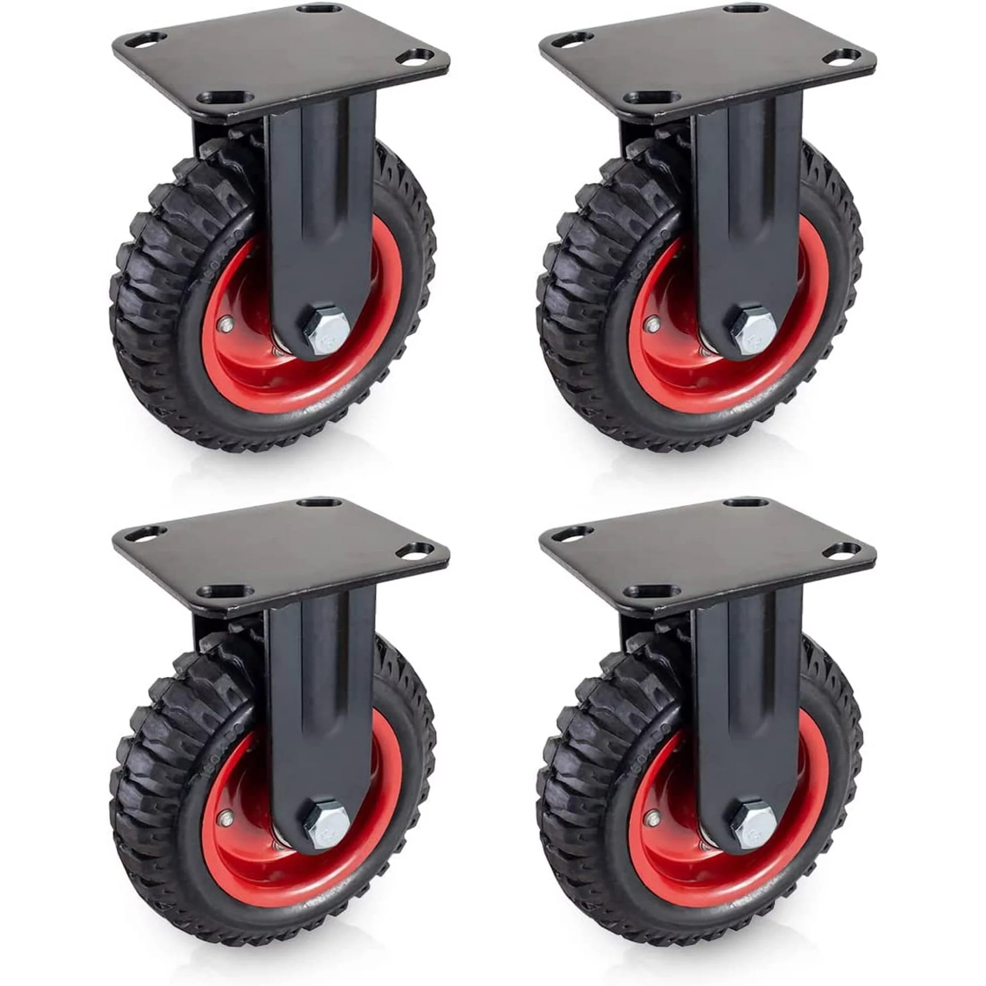 POWERTEC 8 Inch Heavy Duty Caster Wheels Set of 4 - Fixed Plate Casters with Durable Rubber Knobby Tread for Workbench, Cart, Trolley, Dolly, Wagon & Chicken Coop - Ideal for Garage, Workshop & Industrial Use (17053-P4)
