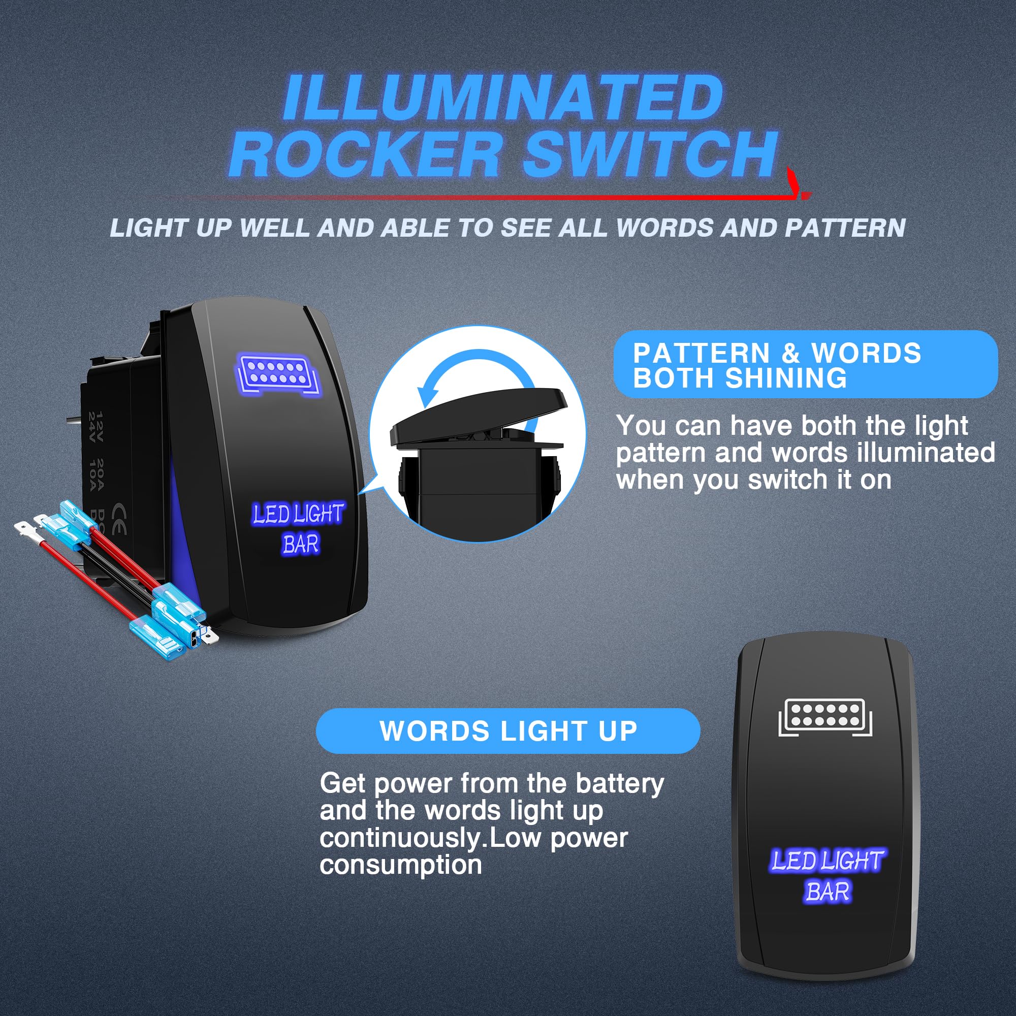 MICTUNING MIC-LSB1 20A 12V 5-Pin Blue Laser LED Light Bar Rocker Switch with ON-Off Control - Perfect for Off-Road Vehicles, ATVs, Boats & Marine Lighting Systems