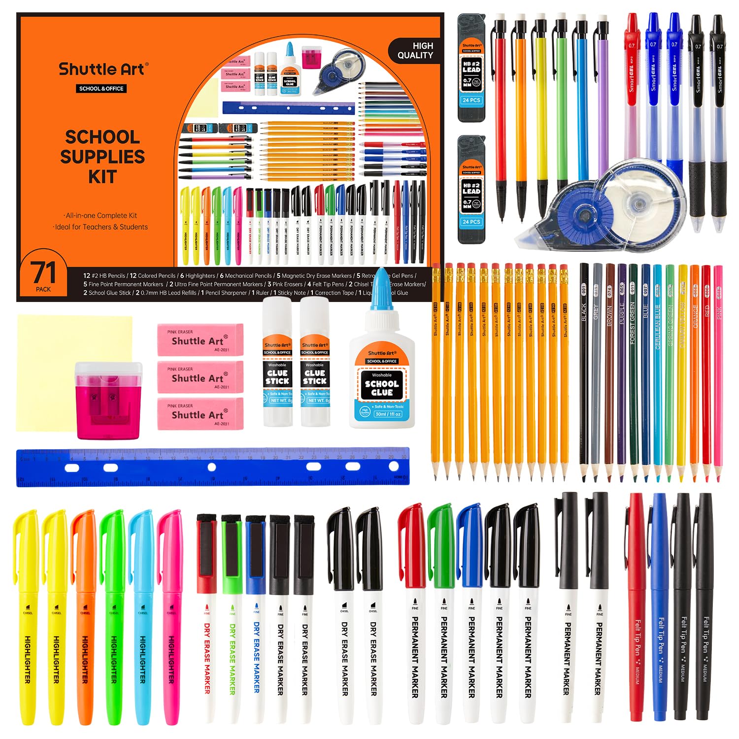 71-Piece School Supplies Kit for Teachers & Students - Highlighters, Pencils, Gel Pens, Dry Erase Markers, Felt Tip Pens & Glue | Back to School Essentials for Middle School, High School & College | Perfect for Classroom, Homework & Study Organization