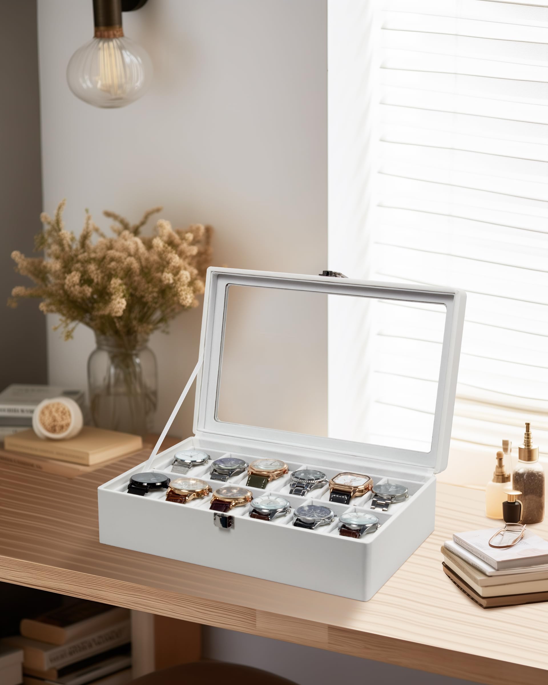 Premium GUKA 12-Slot Watch Box with Real Glass Lid & Removable Pillows - Luxury White Synthetic Leather Watch Organizer for Men | Perfect for Watch Collection Display, Storage & Travel