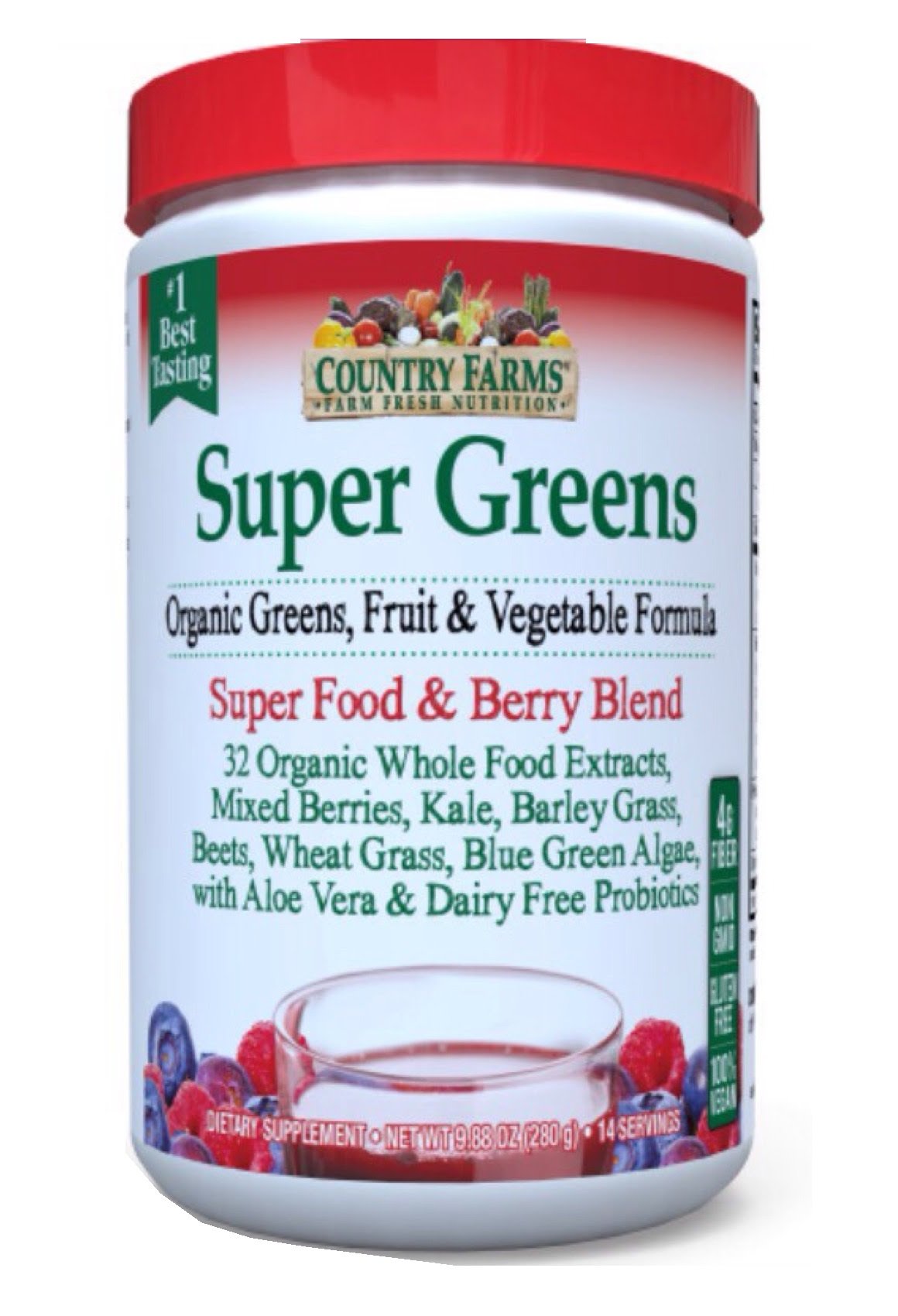 Country Farms Super Green Drink Powder - Berry Flavor, 9.88 Oz (Pack of 4) | Organic Superfood Supplement with Spirulina & Wheatgrass | Perfect for Smoothies, Detox & Energy Boost