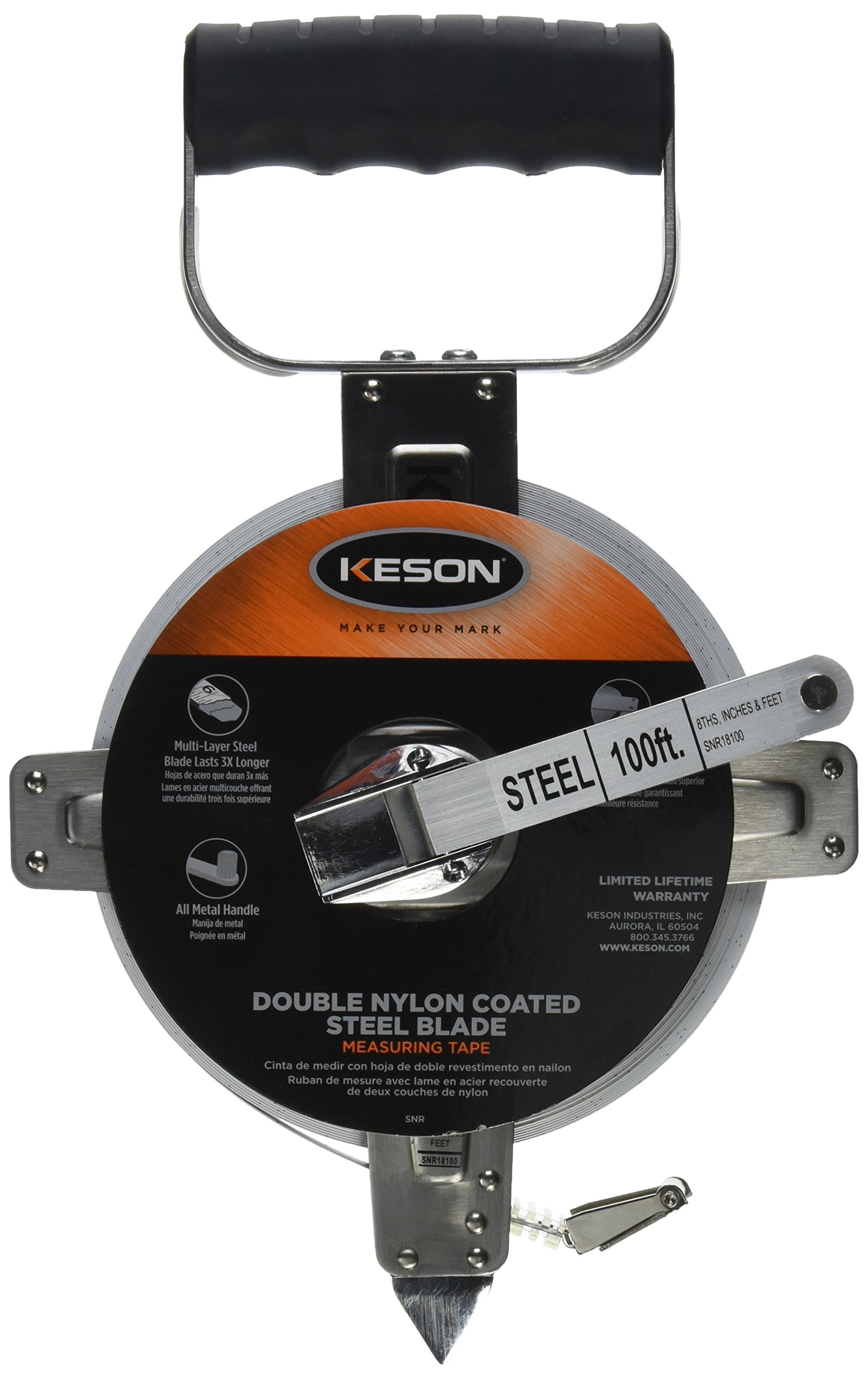 Keson SNR18100 100-Foot Nylon-Reinforced Steel Tape Measure with Stainless Steel Housing & Hook End - Accurate ft/in/1/8