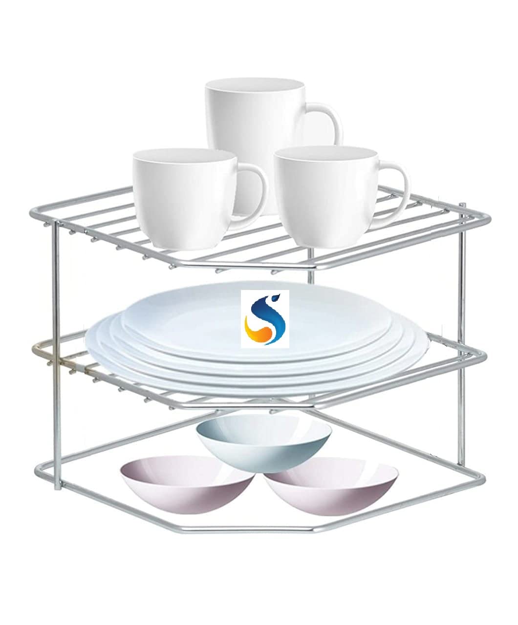 Sevenger Multipurpose Stainless Steel Kitchen Corner Shelf Organizer - Chakla Belan Plate Dish Rack Stand Holder for Utensils Storage, Cabinet & Cupboard (Set of 1) - Perfect for Small Kitchen Space Saving & Countertop Organization