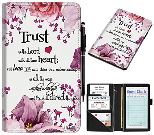 Leather Server Book with Zipper Pocket - Waitress Organizer for Restaurants & Bible Quote Design - Perfect for Waiters & Aprons