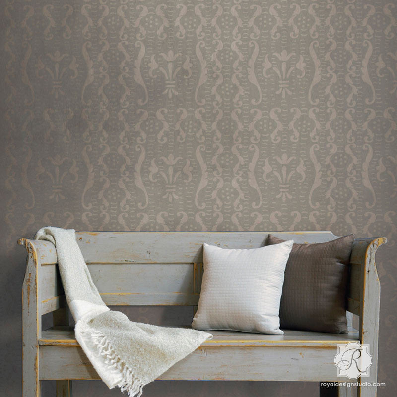 Trinita Alison Woolley Damask Wall Stencil - Reusable DIY Painting Template for Home Decor, Bedroom & Living Room Accent Walls