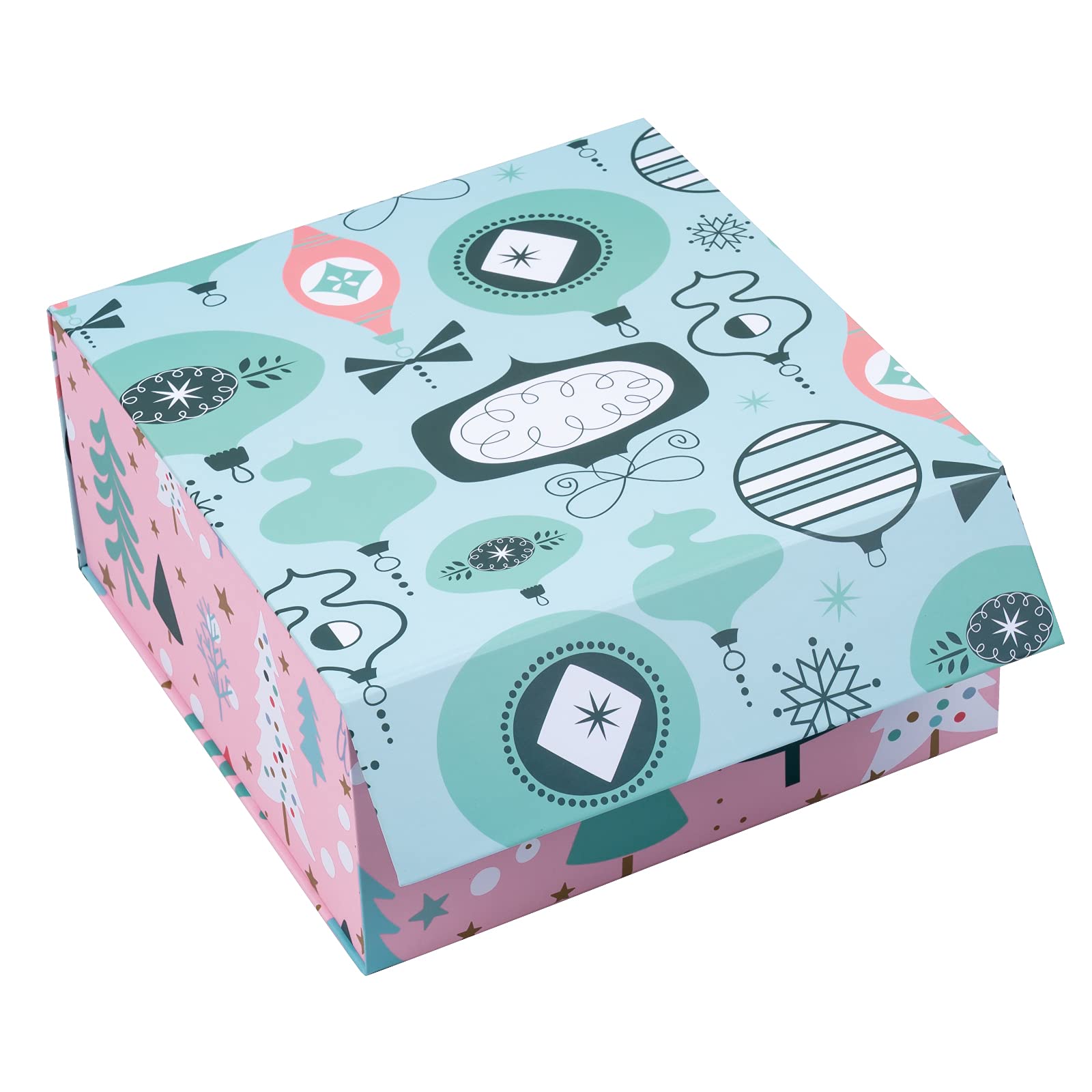 WRAPAHOLIC Christmas Gift Box with Lid - 8x8x4 Inch Pink & Blue Ornament Design Collapsible Box with Magnetic Closure & 2 Tissue Papers | Holiday Present Wrapping, Party Favors, Wedding Decorations