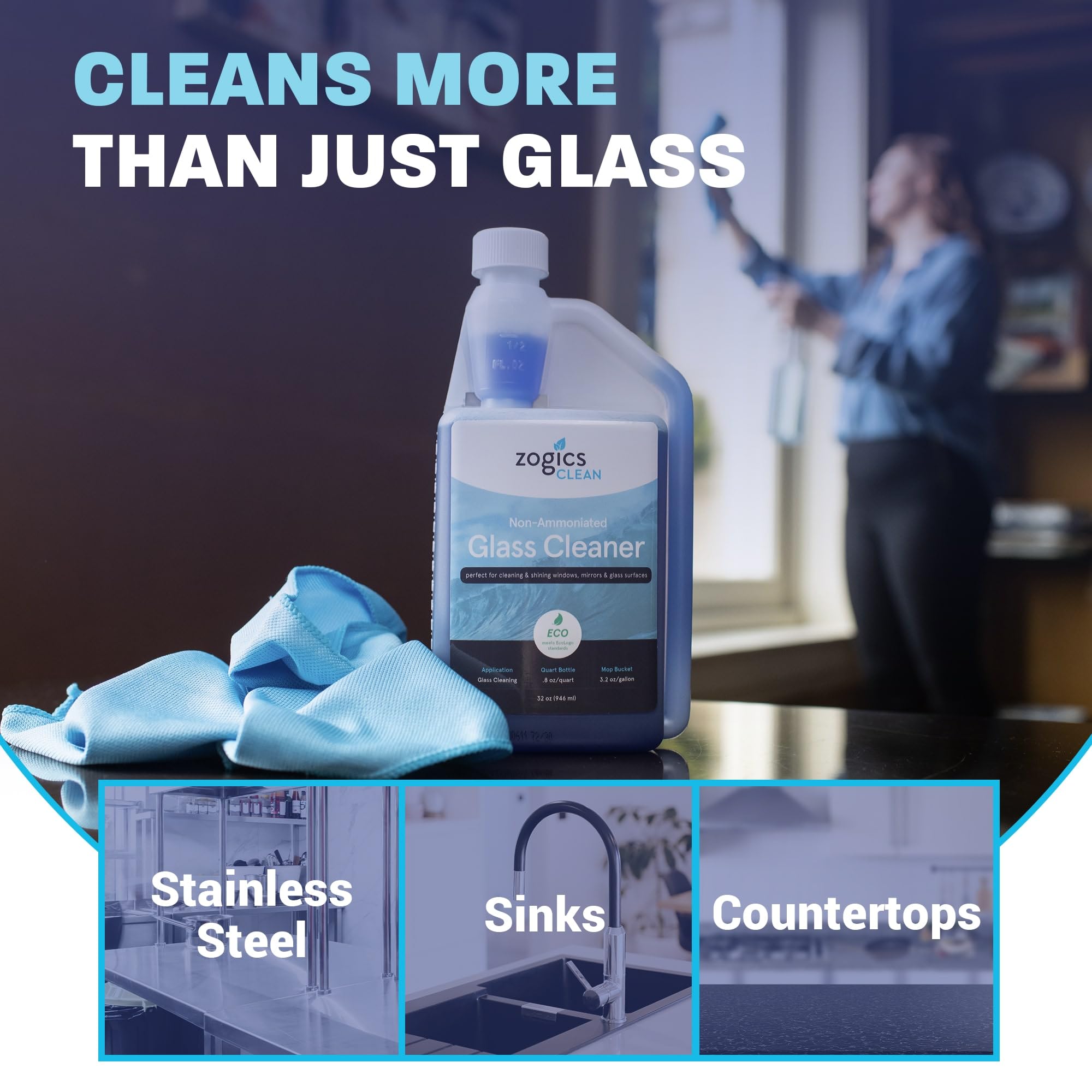 Zogics Non-Ammoniated Glass Cleaner Concentrate - 6 Pack (32 oz Each) - Makes 10 Gallons per Bottle - ECOLOGO Certified - Ideal for Commercial Windows, Mirrors & Glass Surfaces