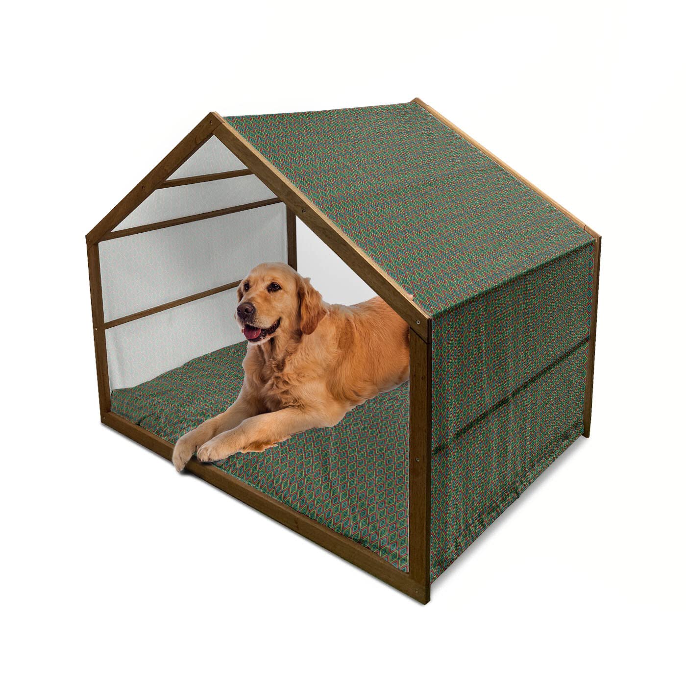 Ambesonne X-Large Wooden Dog House with Colorful Geometric Rhombus Pattern - Indoor & Outdoor Portable Pet Kennel with Pillow & Cover - Traditional Afghan Design for Dogs, Cats - Perfect for Backyard, Patio, and Home Decor