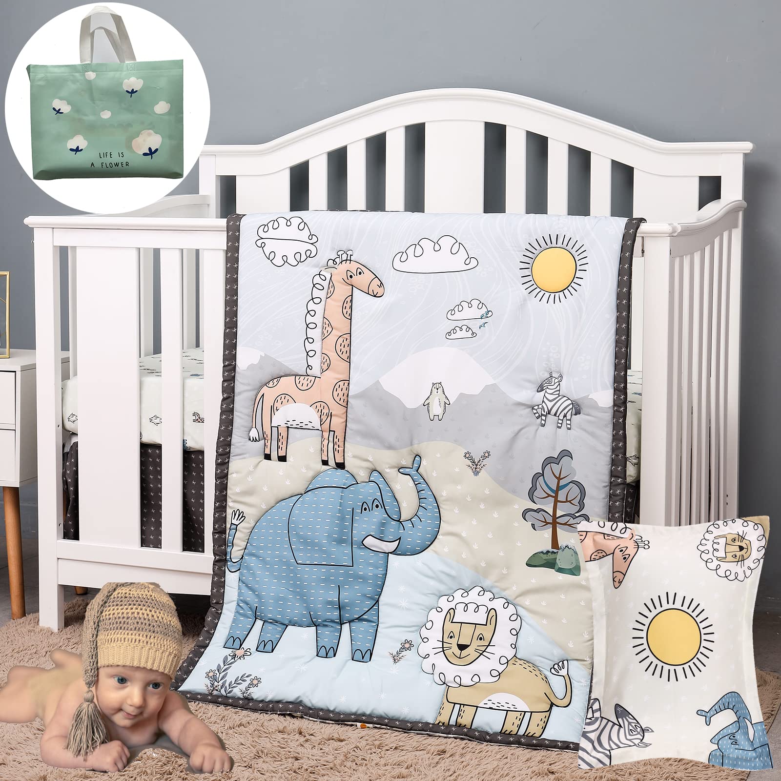 8-Piece Boho Breathable Soft Crib Bedding Set for Boys - Jungle Animals Nursery Bedding with Quilt, Pillowcase, Crib Skirt & Sheet (Forest Animals Theme) - Perfect for Baby Showers, Nursery Decor & Cozy Sleep