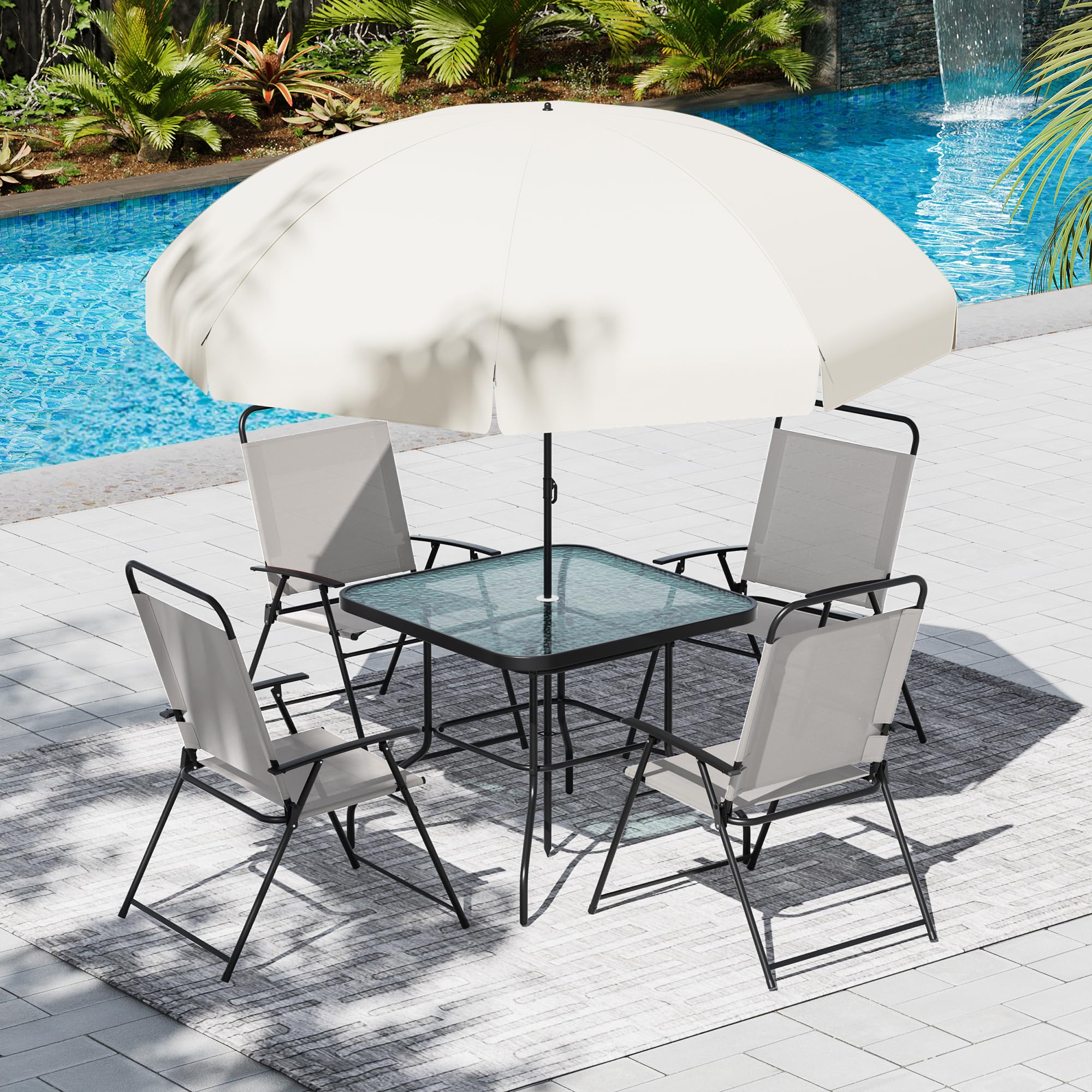 **Amopatio 4-Piece Outdoor Patio Dining Set with Umbrella - Folding Chairs & Glass Table for Lawn, Deck, Garden, Backyard - Perfect for BBQs, Family Gatherings & Relaxing Outdoors**