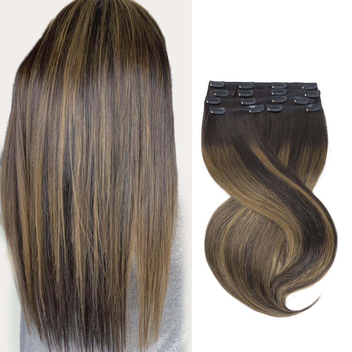 Marat Clip-In Human Hair Extensions 20 Inch Straight - Dark Brown Mixed Chestnut Brown 120g | Natural Looking Hair Extensions for Length & Volume | Perfect for Parties, Weddings & Daily Styling