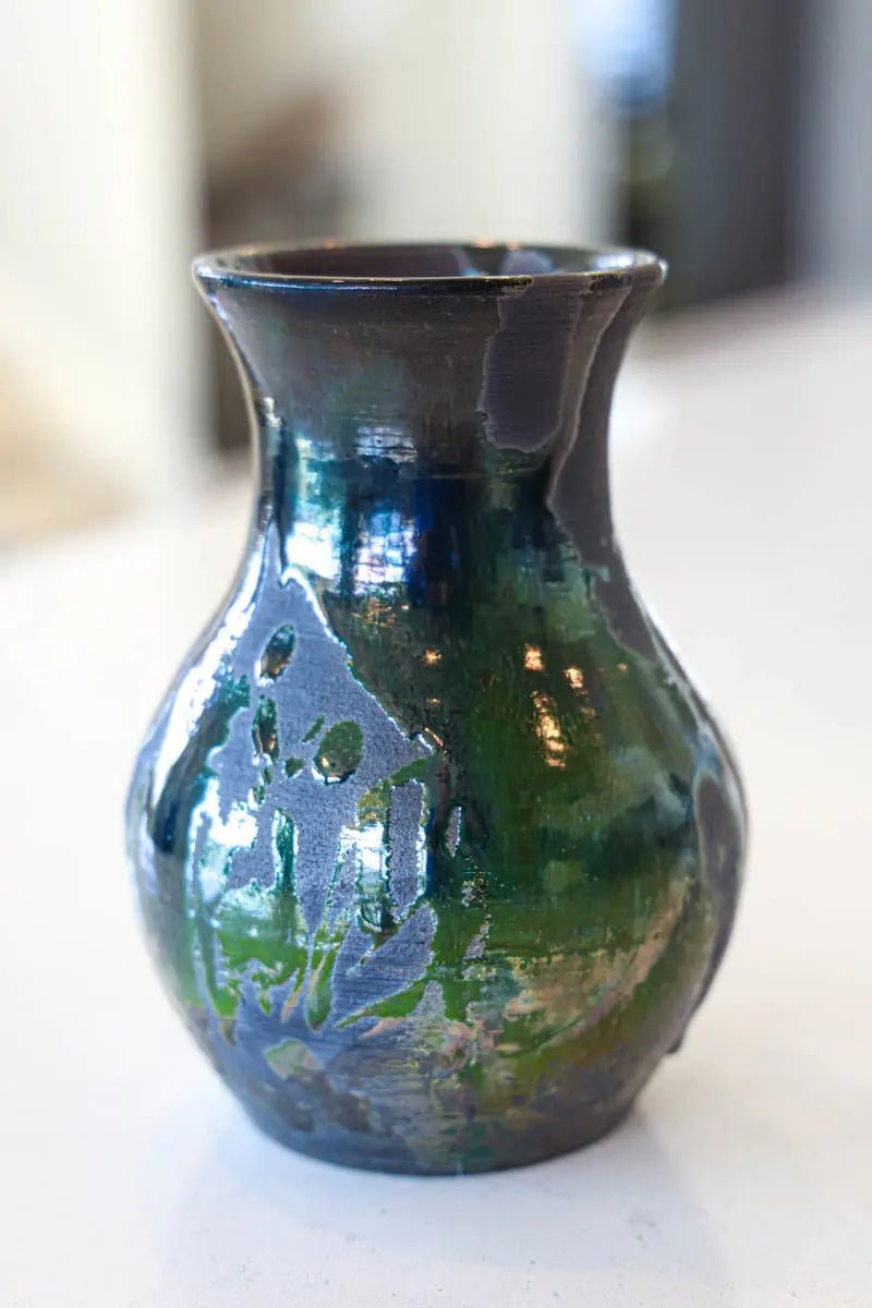Medium Large Raku Fired Decorative Pot - Handcrafted Ceramic Planter in Black, Green & Copper Finishes | Perfect for Indoor Plants, Home Decor & Garden Centerpieces