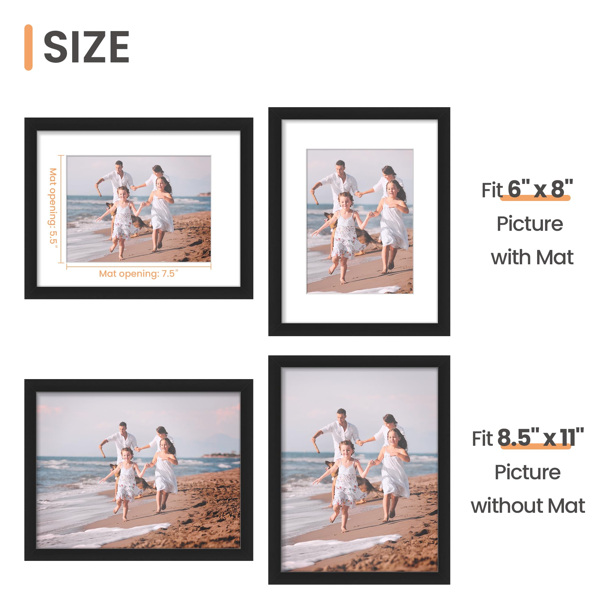 Upsimples 8.5x11 Picture Frame - Display 6x8 Photos with Mat or 8.5x11 Without Mat - Black Wall Hanging Photo Frame (1 Pack) - Perfect for Living Room, Bedroom & Office Decor