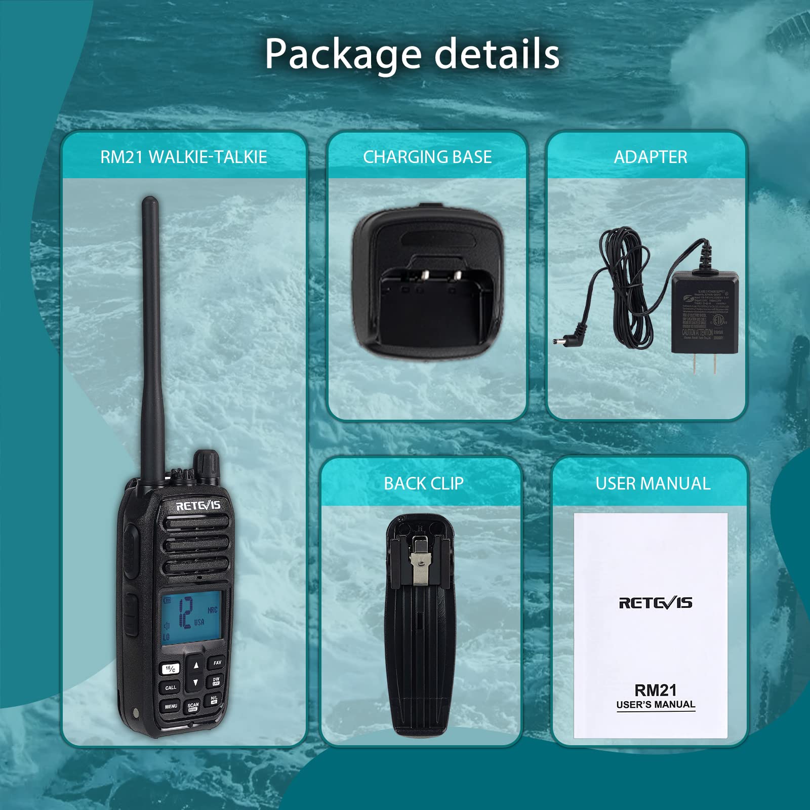 Retevis RM21 Waterproof Floating Handheld Marine VHF Radio - IP67 Submersible, Noise Cancelling, 1800mAh Battery, LCD Backlit Display, NOAA Weather Alerts - Perfect for Boating, Fishing & Marine Construction Safety