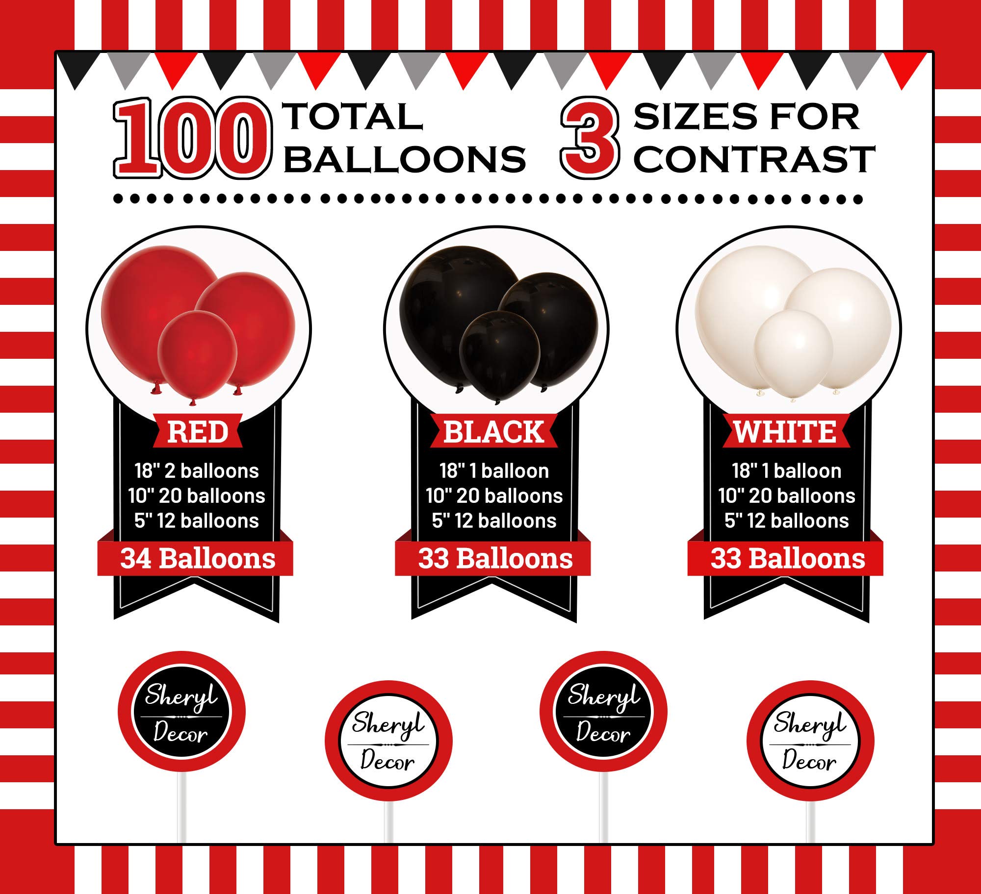 100 Red Black & White Balloons - Party Decorations Pack for Deadpool Birthday, Lumberjack Baby Shower, Graduation, Pirate, Ladybug, Race Car & Poker Themes | Small & Large Balloons for Indoor/Outdoor Decor, Photo Backdrops & Celebration Events