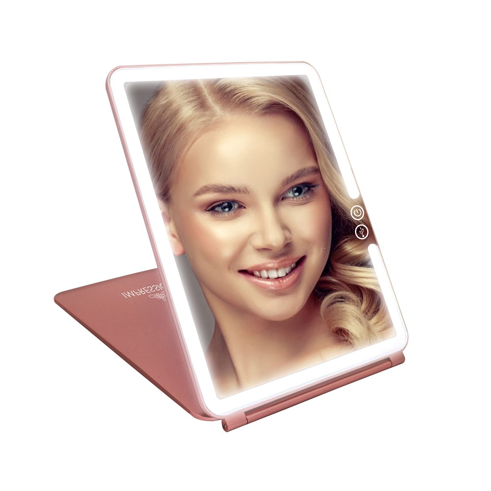 Rechargeable LED Makeup Mirror with Touch Sensor Dimmer - Portable Vanity Mirror with Flip Cover & USB Cable (Rose Gold) | Perfect for Home, Travel & Professional Makeup Application