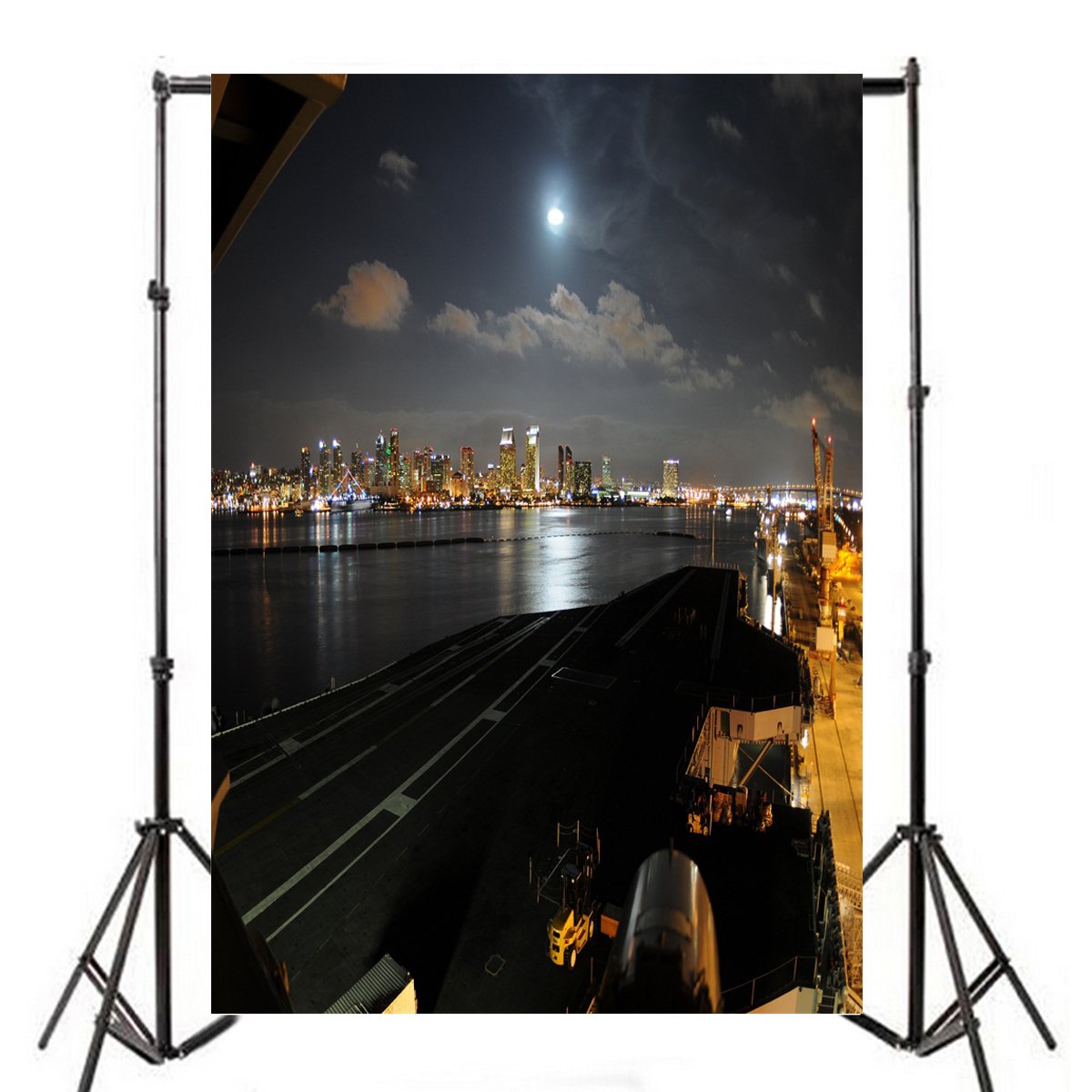 AOFOTO 5x7ft Urban City Nightscape Photography Backdrop - Artistic River Wharf Dock Moonlight Sky Vinyl Background for Portrait Studio, Kids, Boys, Girls & Adults - Perfect for Photo Shoots, Birthday Parties & Themed Events