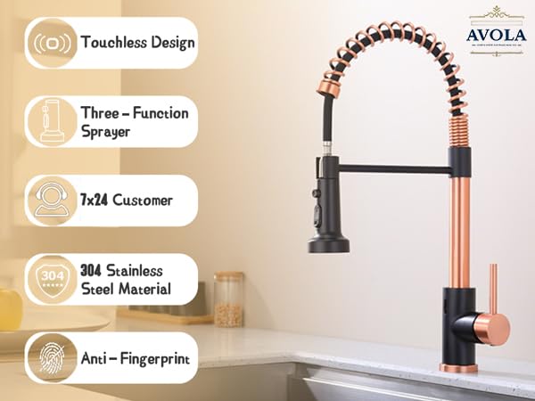 **Avola Copper Pull-Out Kitchen Faucet with Motion Sensor - Touchless Hands-Free Kitchen Sink Faucet in Rose Gold & Matte Black - Ideal for Modern Kitchens, Restaurants, and Commercial Use**