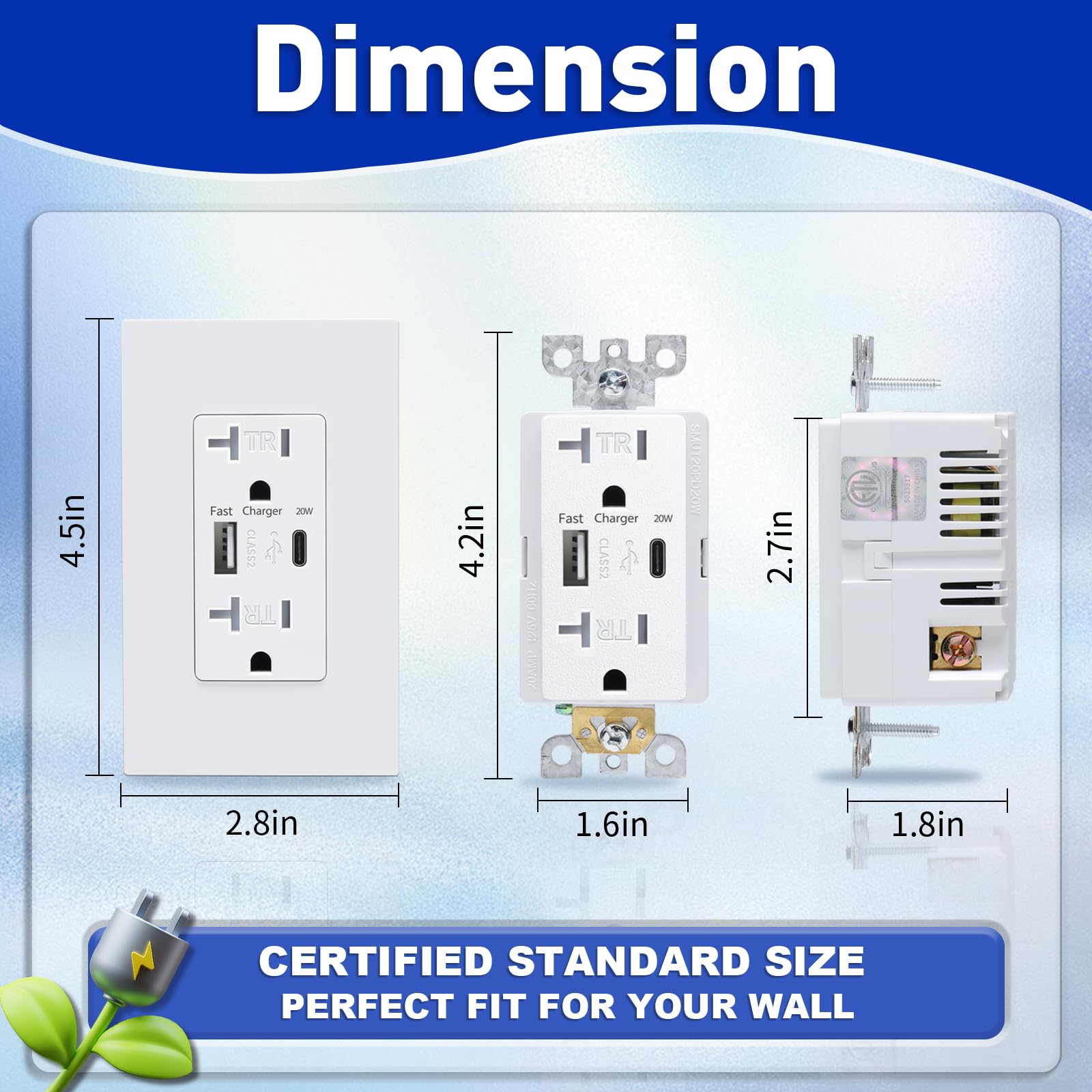 20 Pack White USB Wall Outlet with 4.2A USB C Ports - 20 Amp Tamper Resistant Duplex Receptacle, ETL Listed Electrical Outlet with Wall Plate Included - Perfect for Home, Office & Hotel Charging Stations