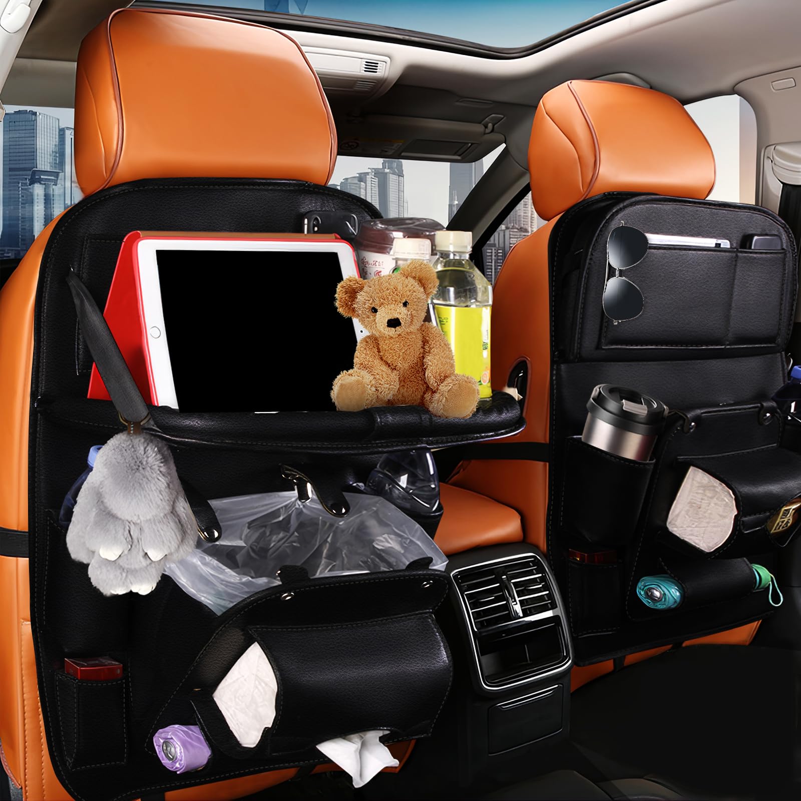 2 Pack Leather Car Backseat Organizers with Foldable Garbage Storage, Kick Mats Back Seat Protector & Tablet Holder, Car Storage Organizer for Kids - Perfect for Family Road Trips and Daily Commutes