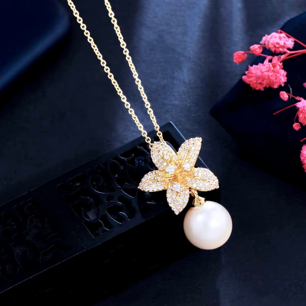 Solstice Pearl & Cubic Zirconia Jewelry Set - Sterling Silver & Gold Plated Necklace & Earrings | Perfect for Weddings, Anniversaries & Special Occasions