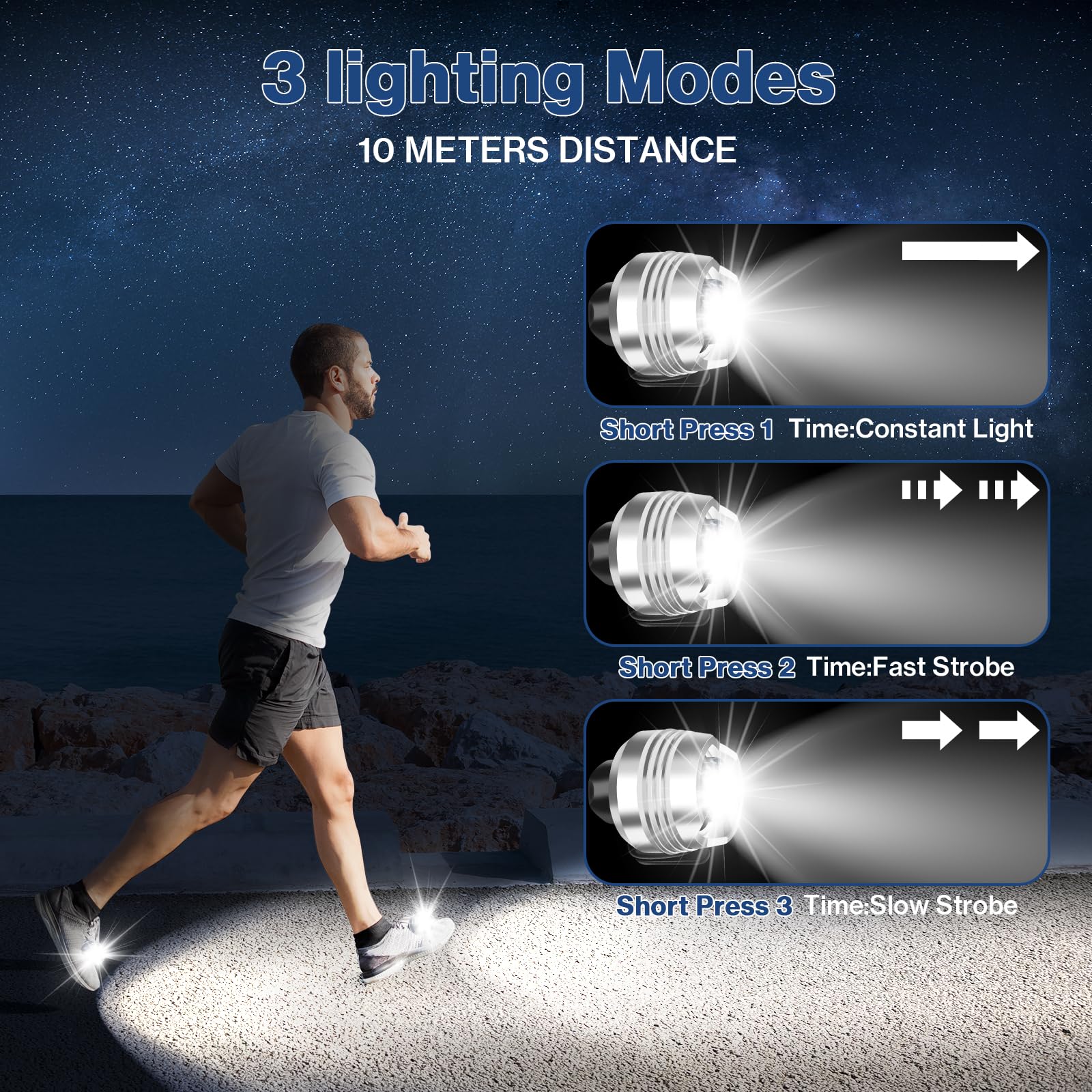 Battery-Powered LED Headlights for Crocs - 2 Pack Shoe Lights with 3 Lighting Modes, IP64 Waterproof - Perfect for Walking, Hiking, Camping & Nighttime Safety (Silver)