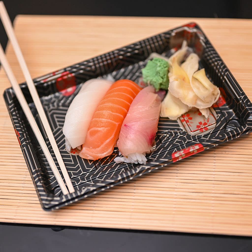 EcoQuality 7.25 x 5 Inch Black Sushi Trays with Lids - 50 Pack Disposable Plastic Food Containers for Sushi, Takeout, Appetizers & Desserts | Perfect for Restaurants, Catering & Home Meal Prep
