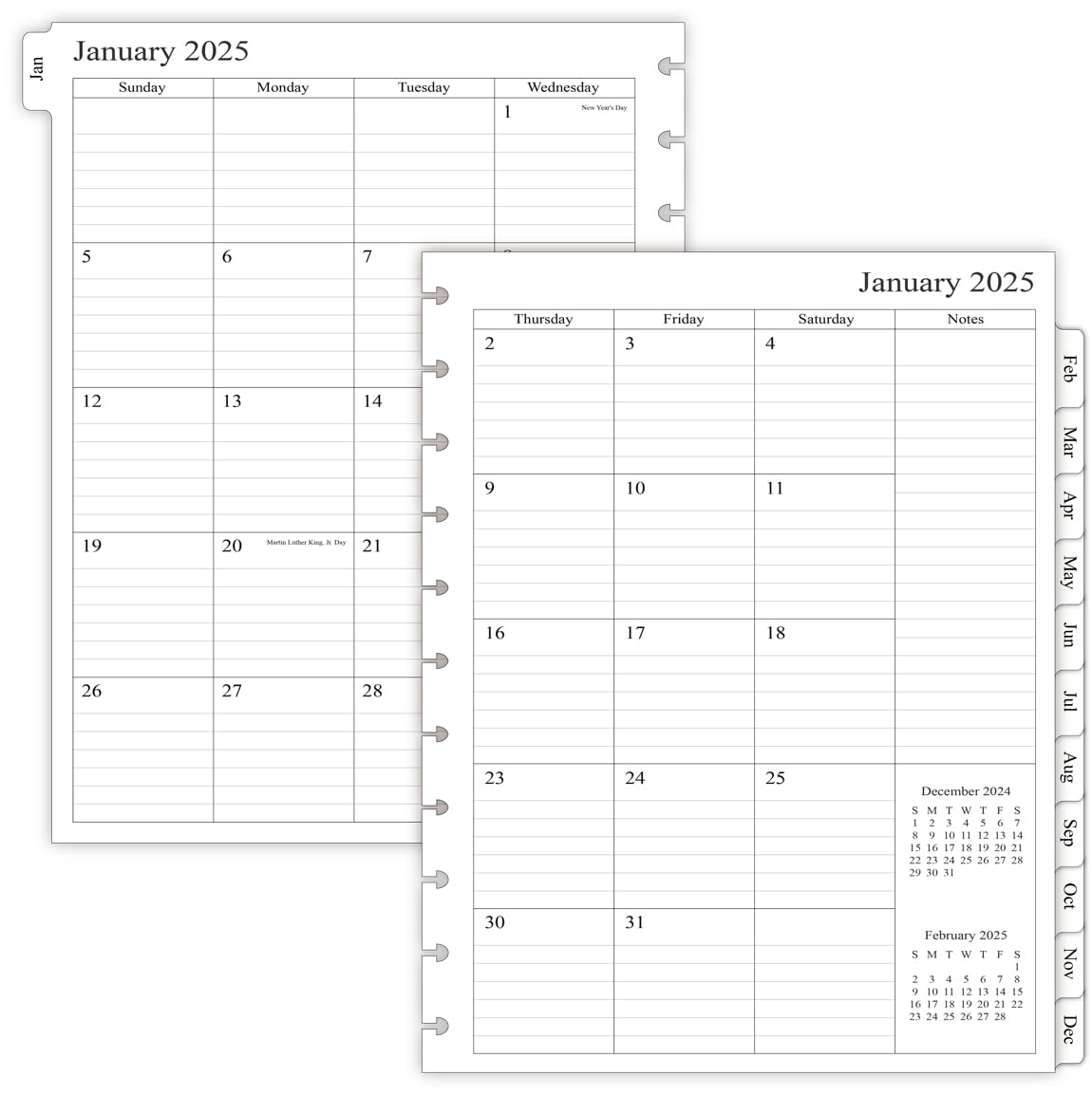 Newestor 2025 Monthly Planner Refill for 11-Disc Letter Size Discbound Notebooks | Jan 2025-Dec 2025 Calendar | 8.5