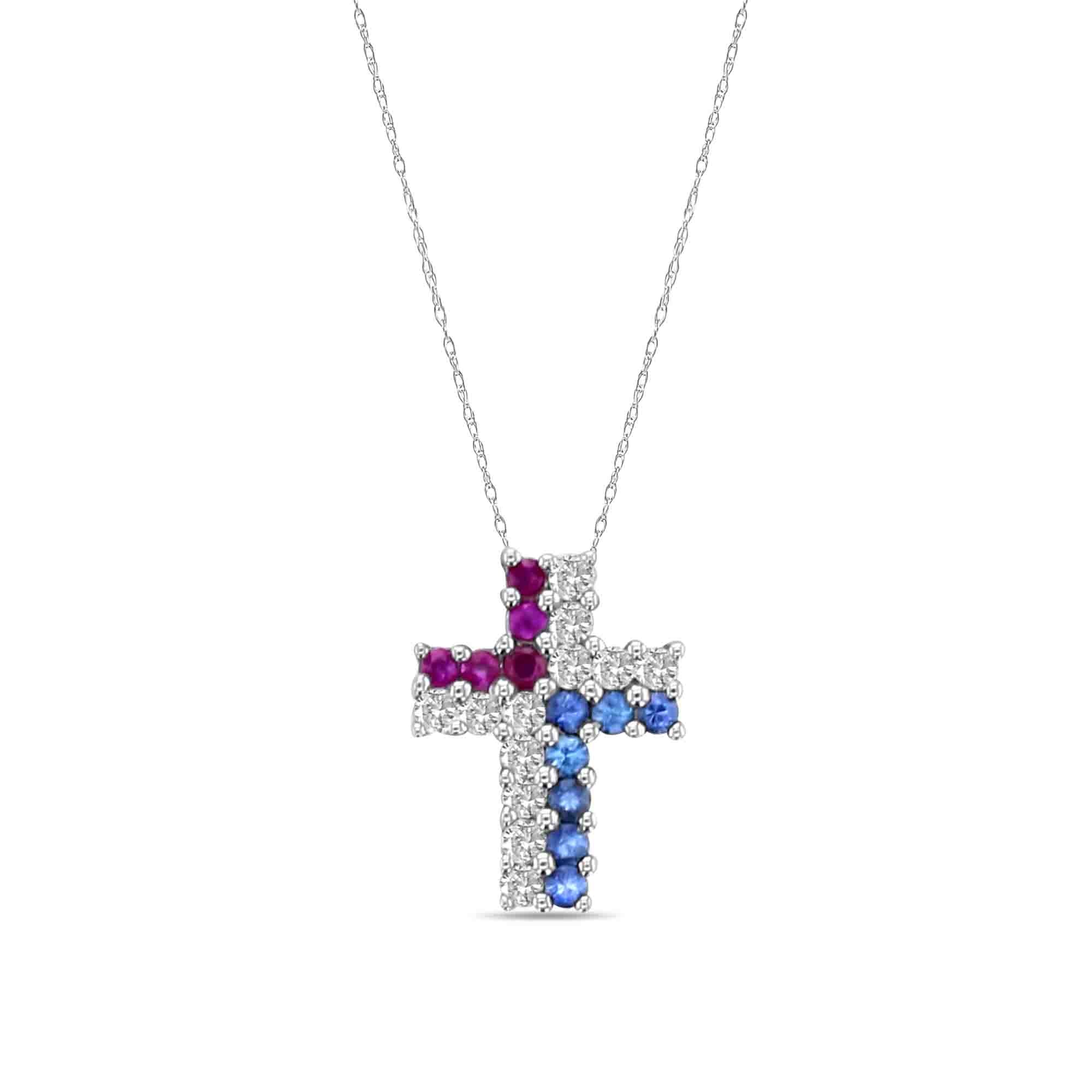 14K White Gold Diamond, Ruby & Sapphire Cross Pendant Necklace for Women - Elegant Religious Jewelry Gift for Baptism, Confirmation & Special Occasions