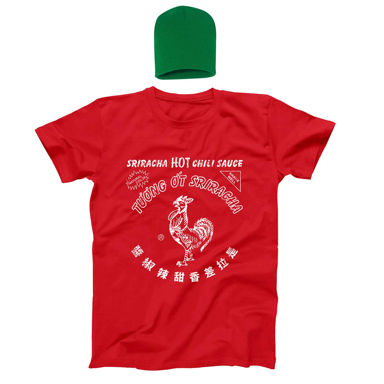 Sriracha Hot Chili Sauce Bottle Halloween Costume for Men - Spicy Food Lover Outfit with Hat & Shirt - Perfect for Halloween Parties, Cosplay & Themed Events
