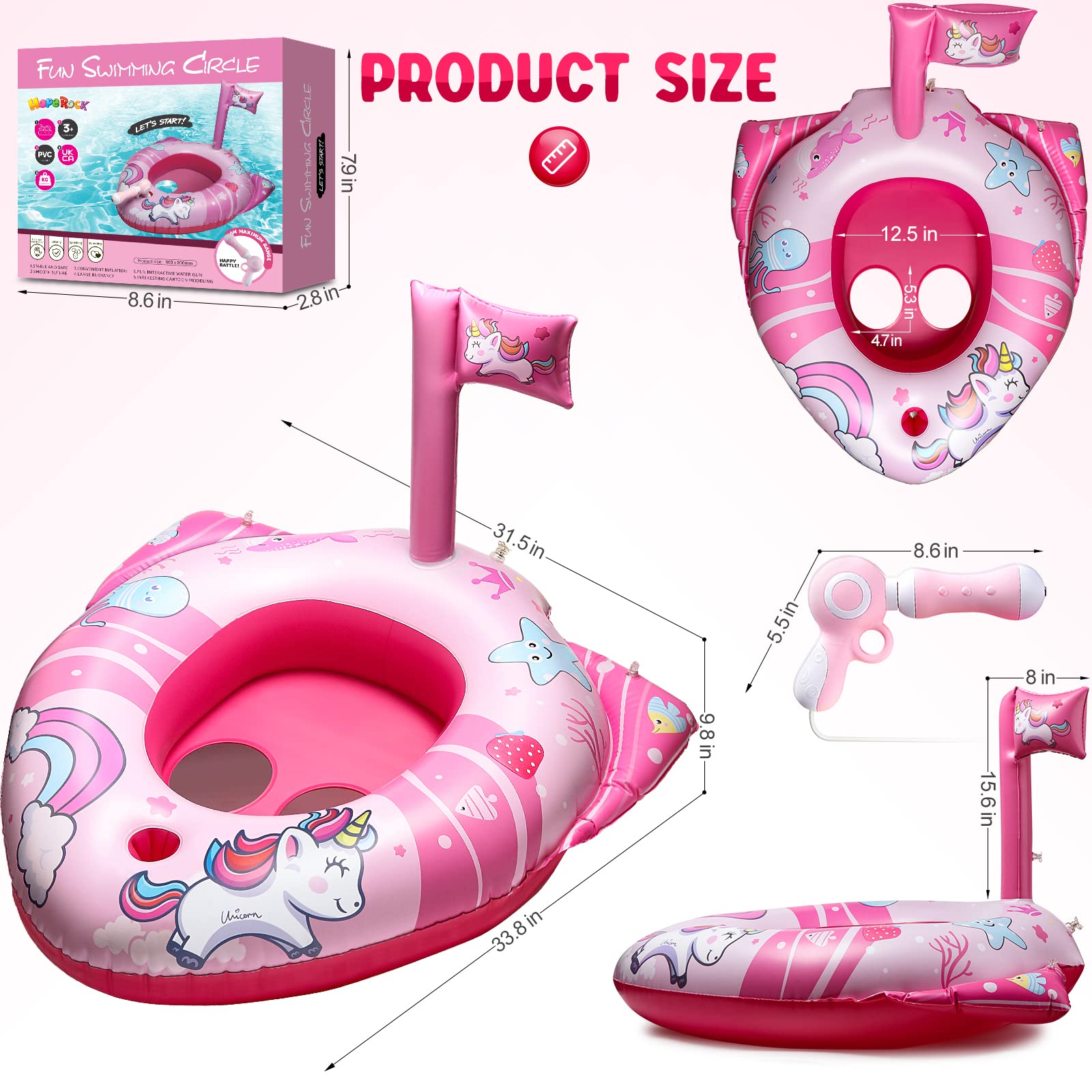 HopeRock Unicorn Pool Floats with Water Gun - Inflatable Swimming Pool Toys for Toddlers & Kids Ages 3-8 - Fun Summer Water Play for Girls, Beach Parties & Backyard Pools