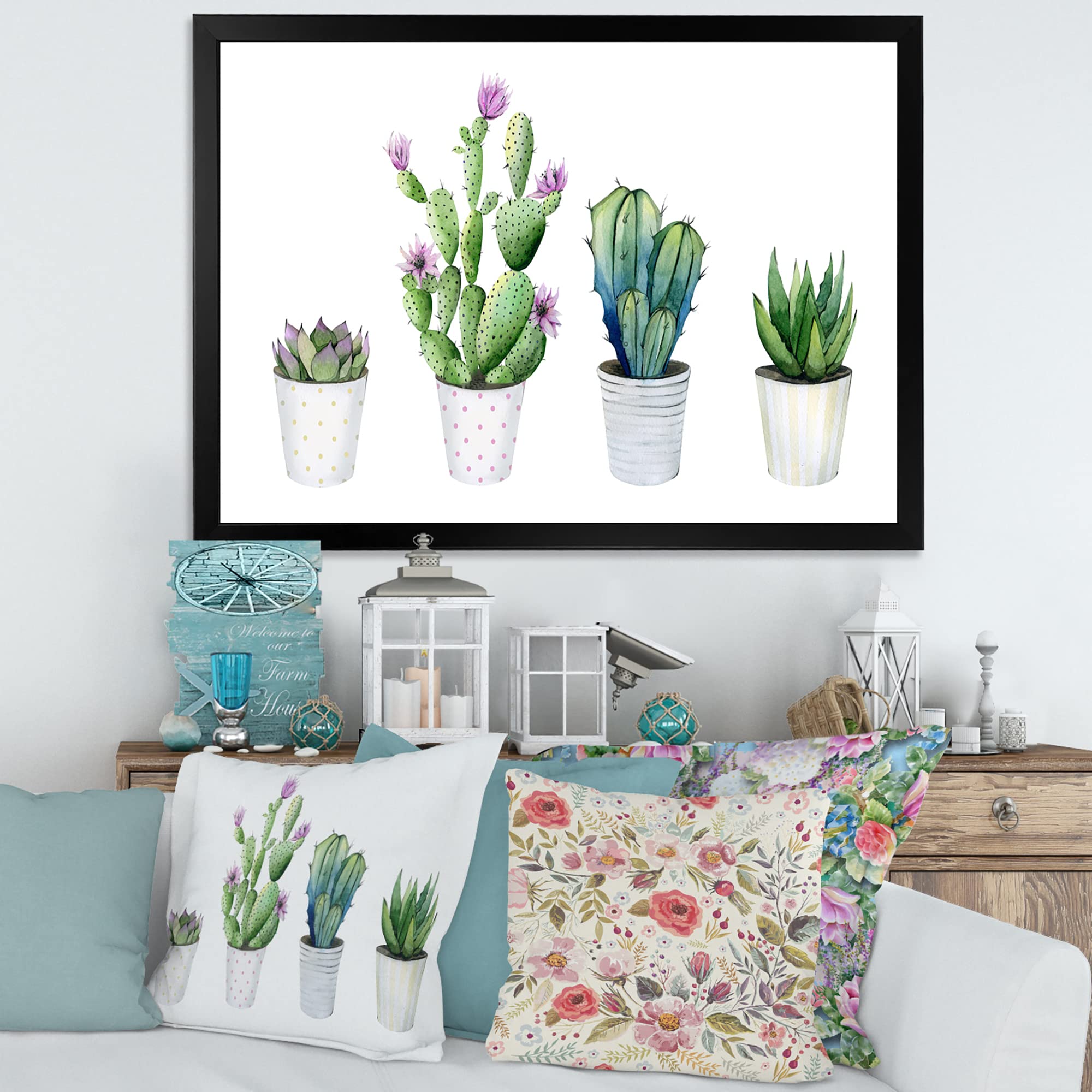 DesignQ Cactus Succulent Aloe Vera Potted Plants - Farmhouse Style Framed Wall Art Decor for Living Room, Bedroom & Office