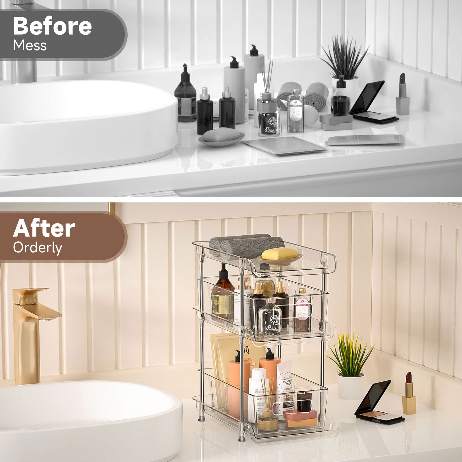 3-Tier Clear Bathroom Organizer with Dividers - Multi-Purpose Pull-Out Pantry Storage - Under Sink Closet Organizer - Vanity Skincare & Cosmetic Organizer - Perfect for Bathroom, Kitchen, Bedroom, and Office Organization