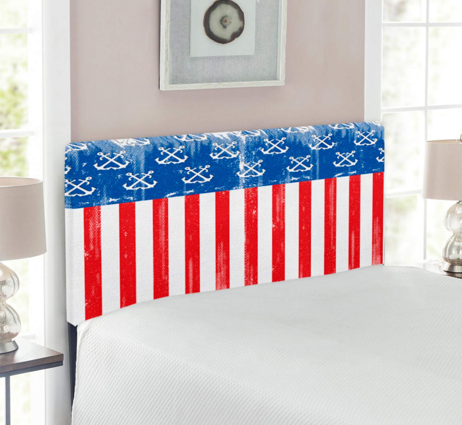 Ambesonne USA Twin Size Upholstered Headboard - Patriotic Grunge Flag Design with Stripes & Marine Crossed Anchors, Decorative Metal Bed Headboard with Memory Foam in Vermilion Cobalt Blue | Perfect for Patriotic Bedroom Decor, Guest Rooms & Dorm Rooms