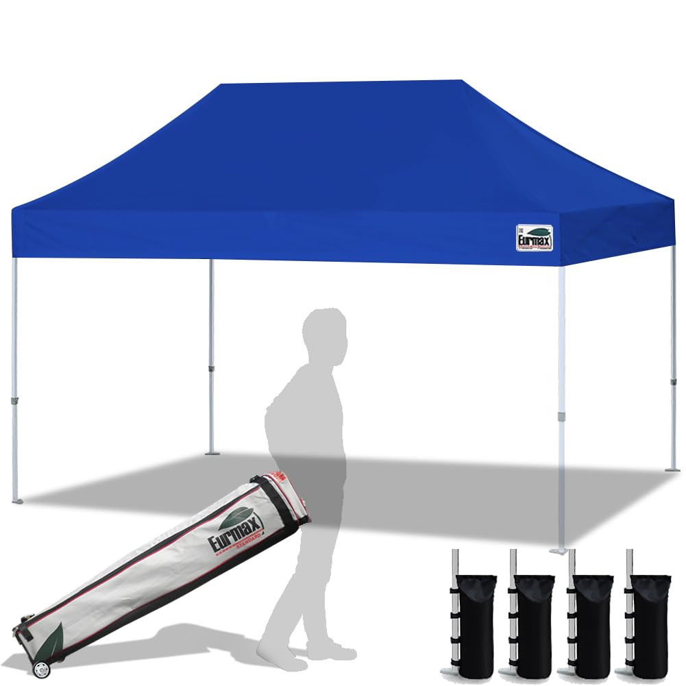 Eurmax USA 10x15 Feet Heavy Duty Commercial Pop Up Canopy Tent with Roller Bag & 4 Sand Weight Bags - Blue - Perfect for Outdoor Events, Farmers Markets, and Beach Parties