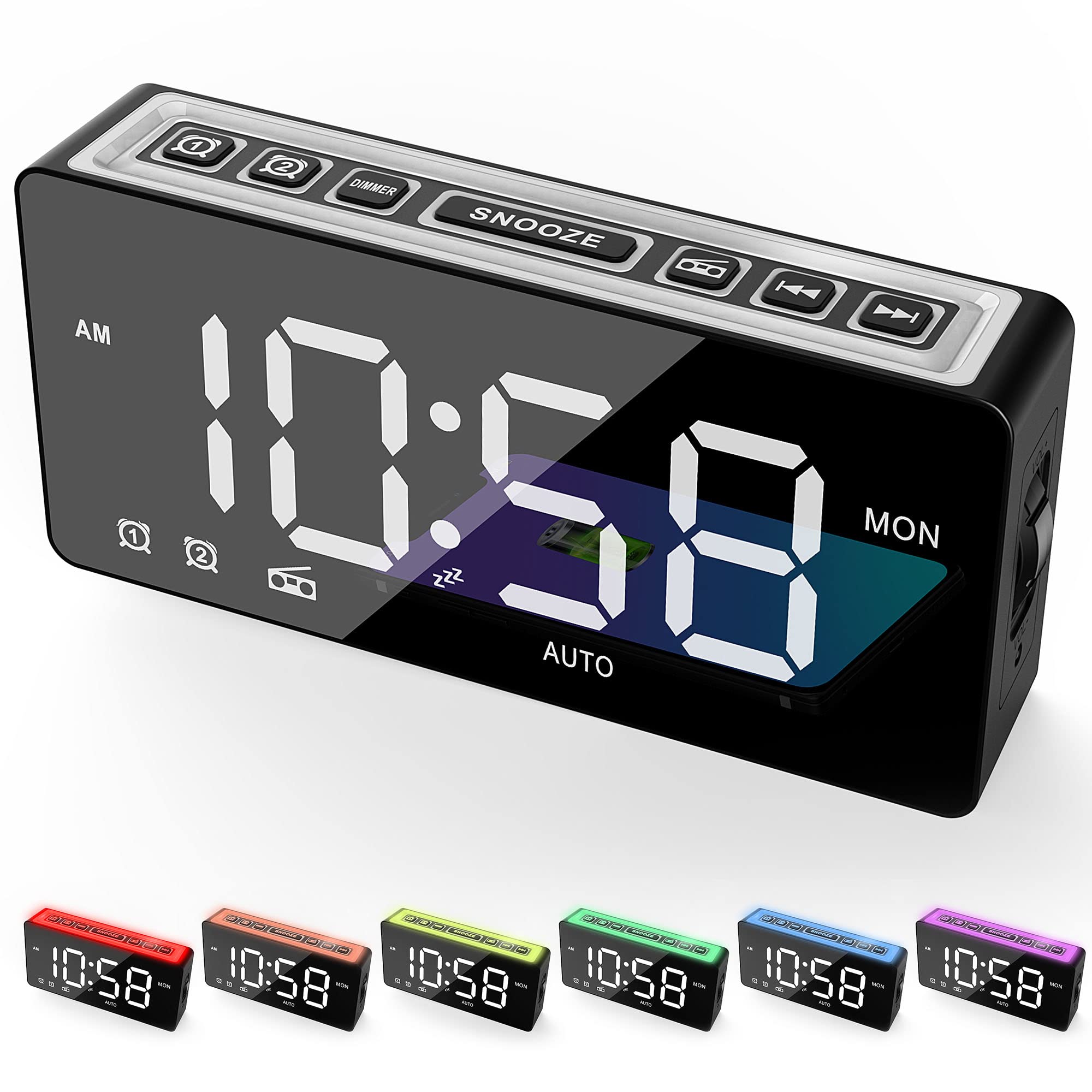 SICSMIAO Digital Alarm Clock Radio with FM, Sleep Timer, Auto-Dimmer & 7-Color Night Light - USB Chargers, Battery Backup for Bedroom, Office, Travel - Perfect for Nightstand, Desk, or Nighttime Reading