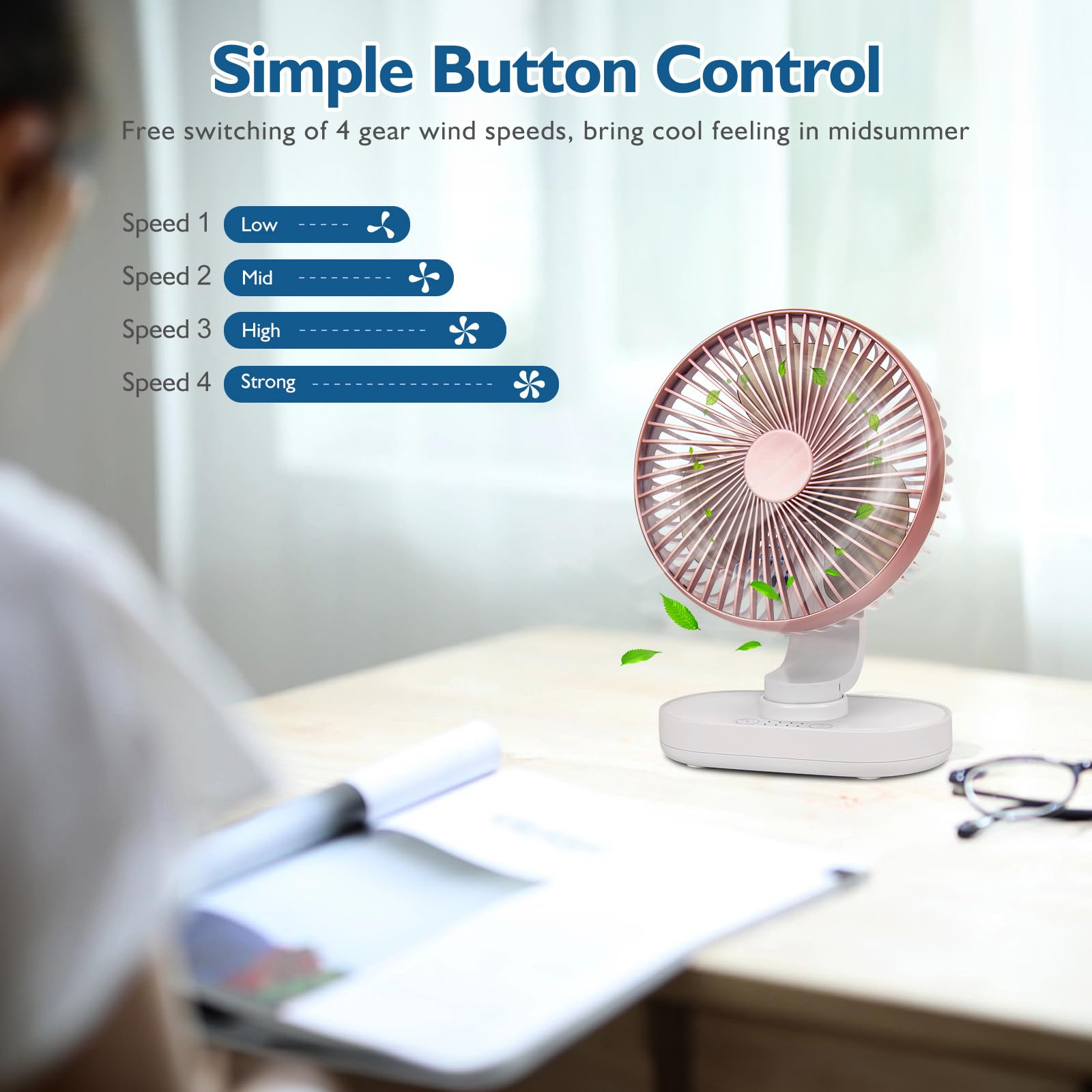 CONBOLA Small Desk Fan for Bedroom & Office - 4000mAh Rechargeable Battery Operated Fan with 90° Vertical & 120° Oscillation - 4 Speed Quiet Air Circulator for Home, Dorm, Office & Travel - Pink Portable Table Fan for Cooling & Airflow