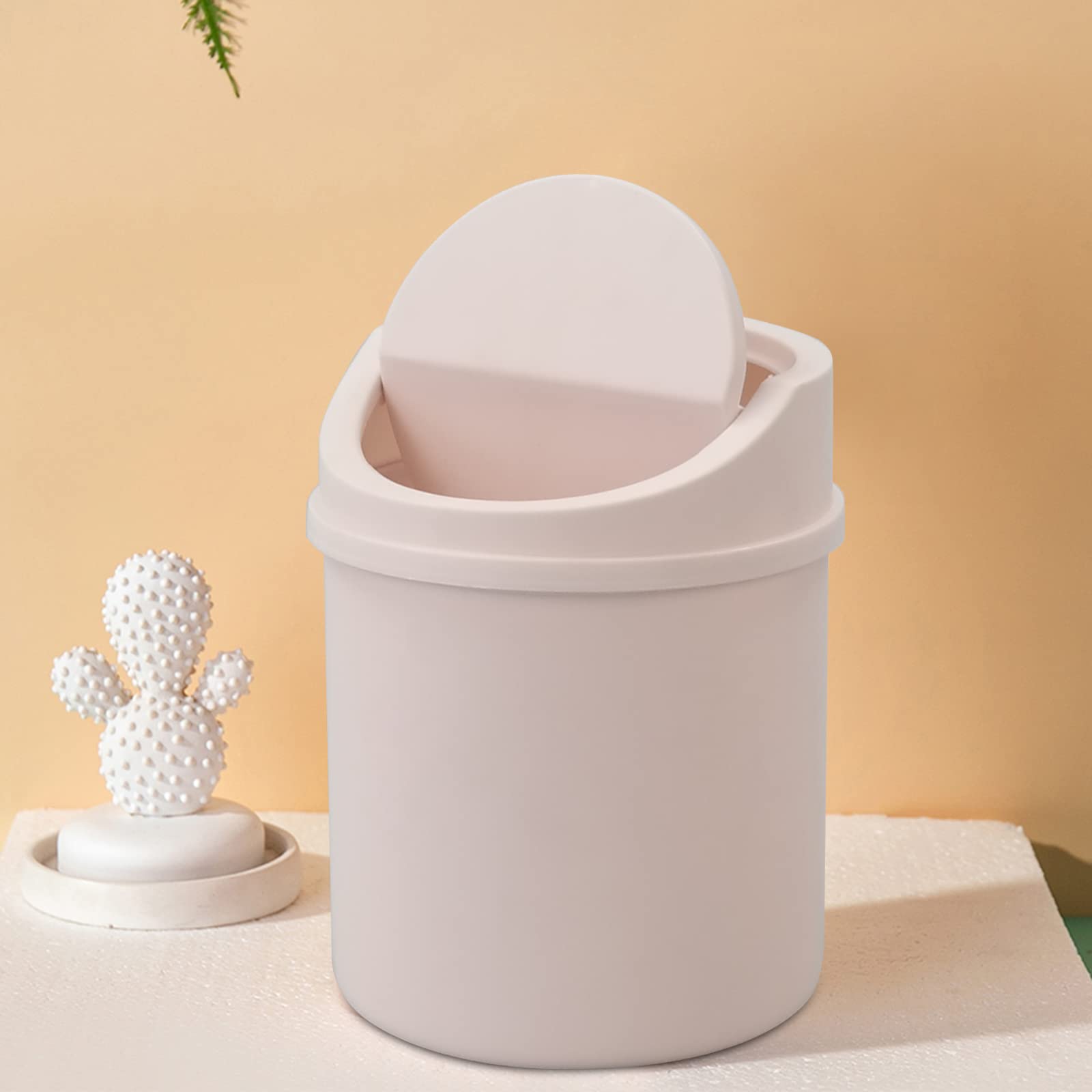 2L Plastic Mini Desktop Trash Can with Swing Lid - Small Waste Bin for Office, Bedroom, Bathroom - Pink Tiny Garbage Can for Home & Workspace Organization