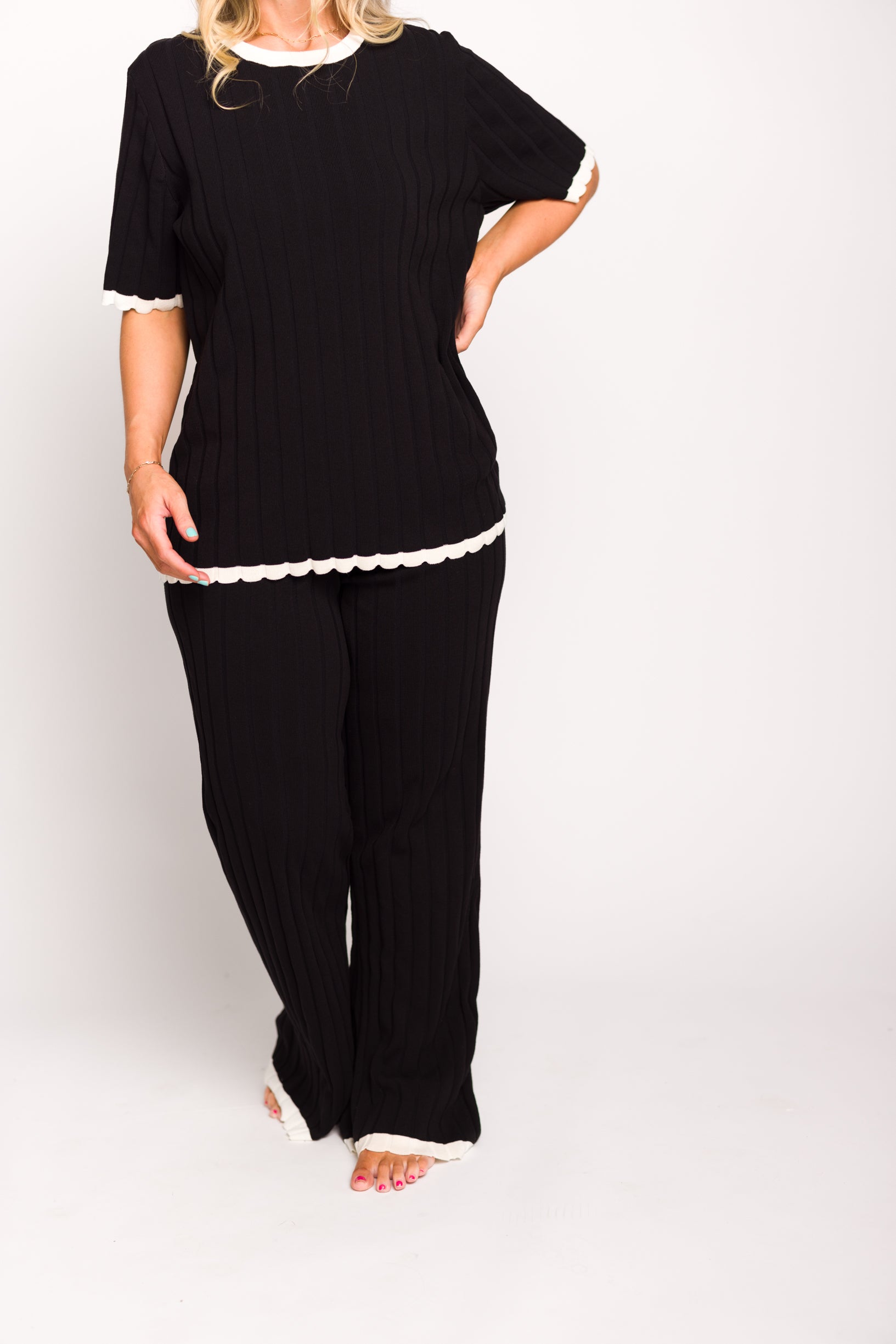 Adele Ribbed Knit Top and Pants Set - Women's Black Stretch Outfit for Casual Wear, Lounge & Fall Fashion