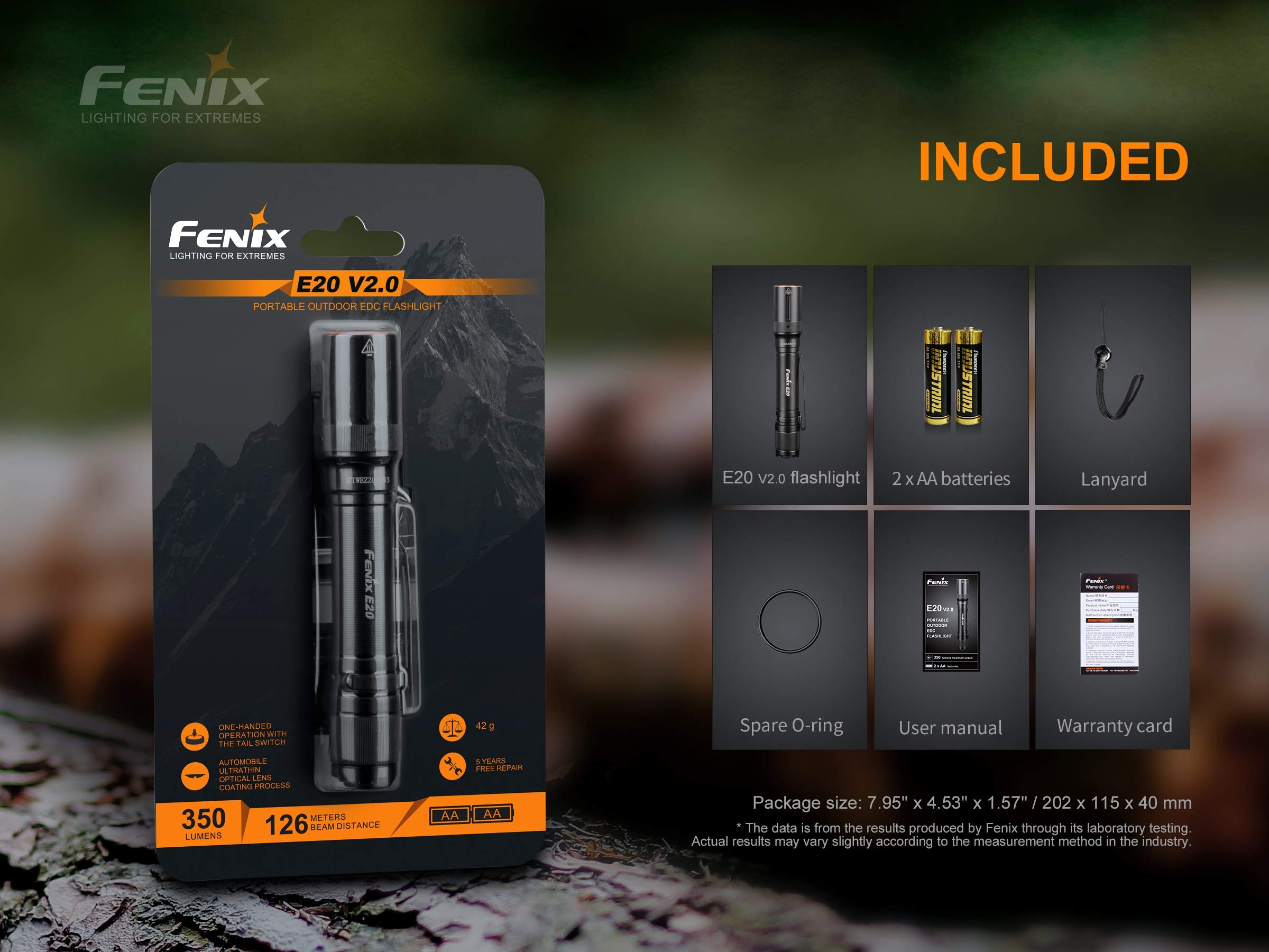Fenix E20 V2 350 Lumen LED Tactical Flashlight with 2 AA Batteries - Compact High-Power Flashlight for Camping, Hiking, Emergency & Outdoor Adventures